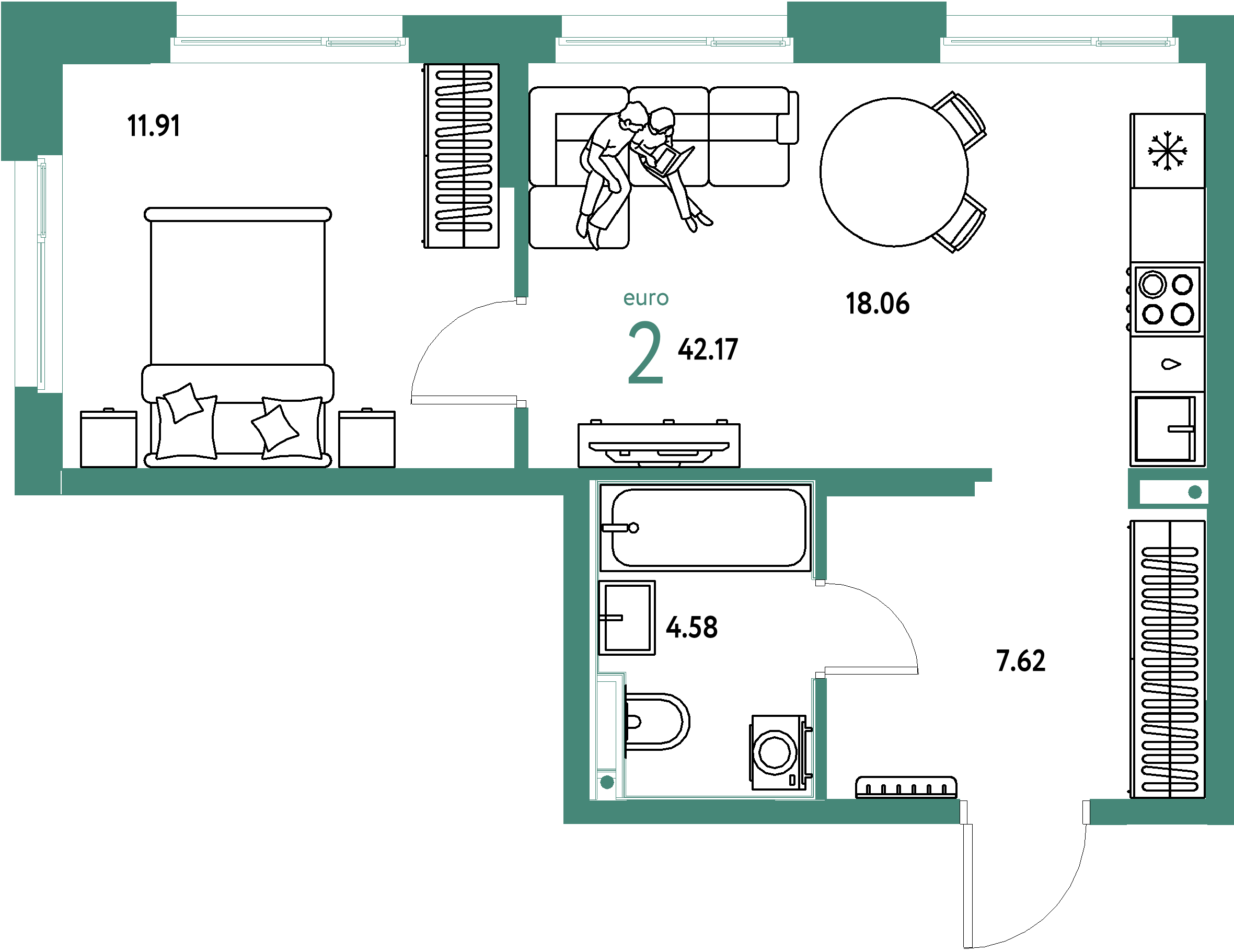 ЖК "Домашний"-2-комнатная 42.17 м²