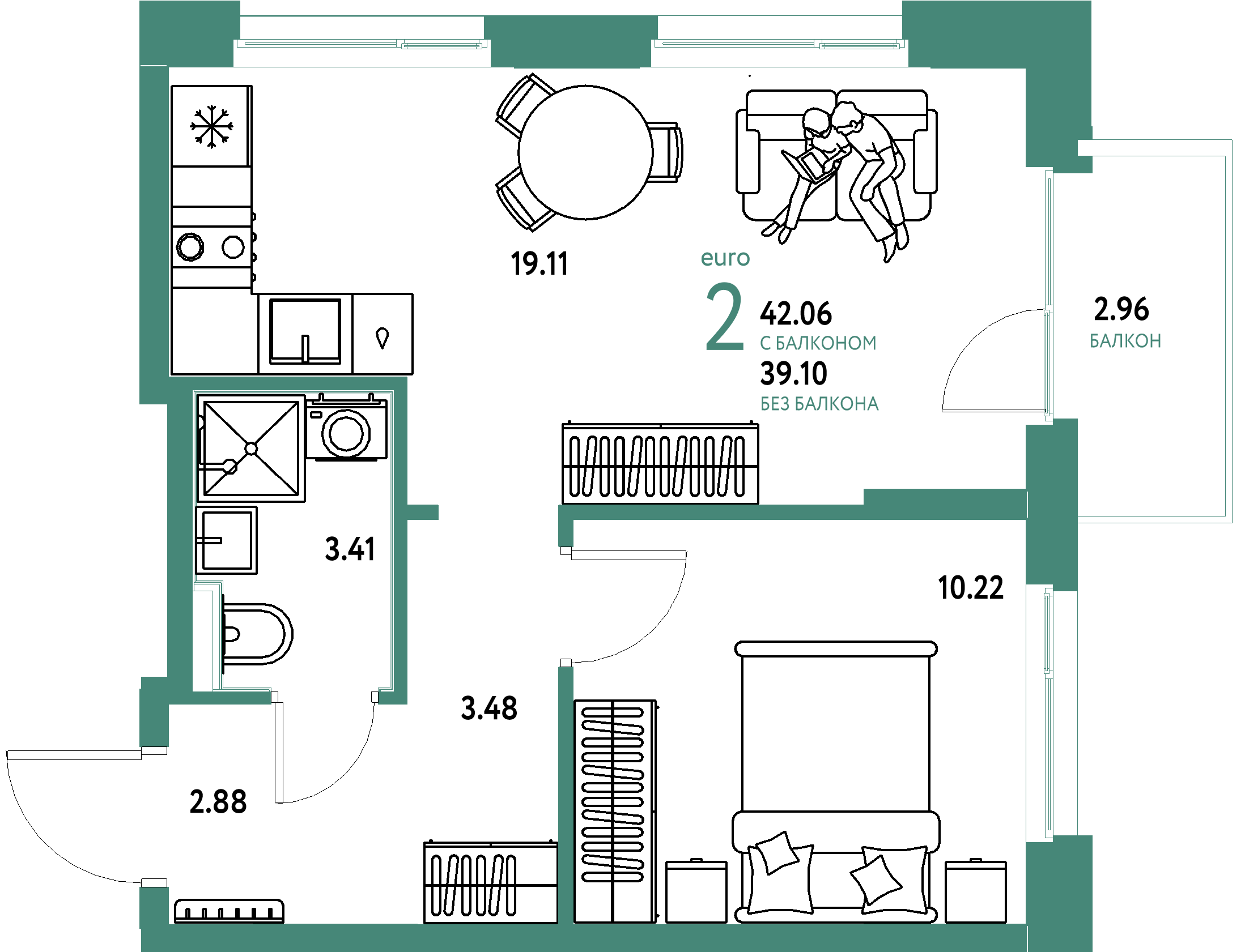 ЖК "Домашний"-2-комнатная 42.06 м²