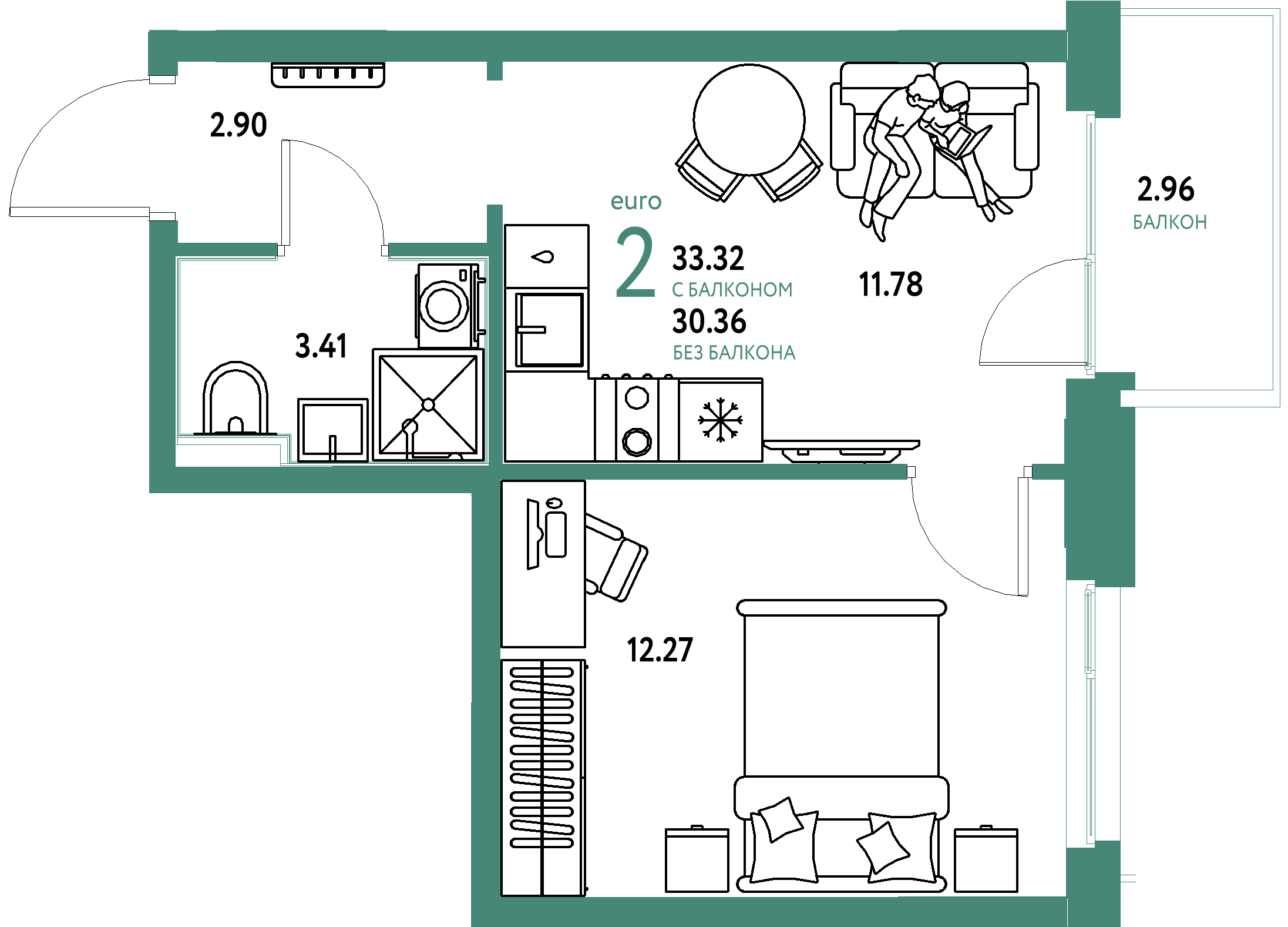 ЖК "Домашний"-2-комнатная 33.32 м²