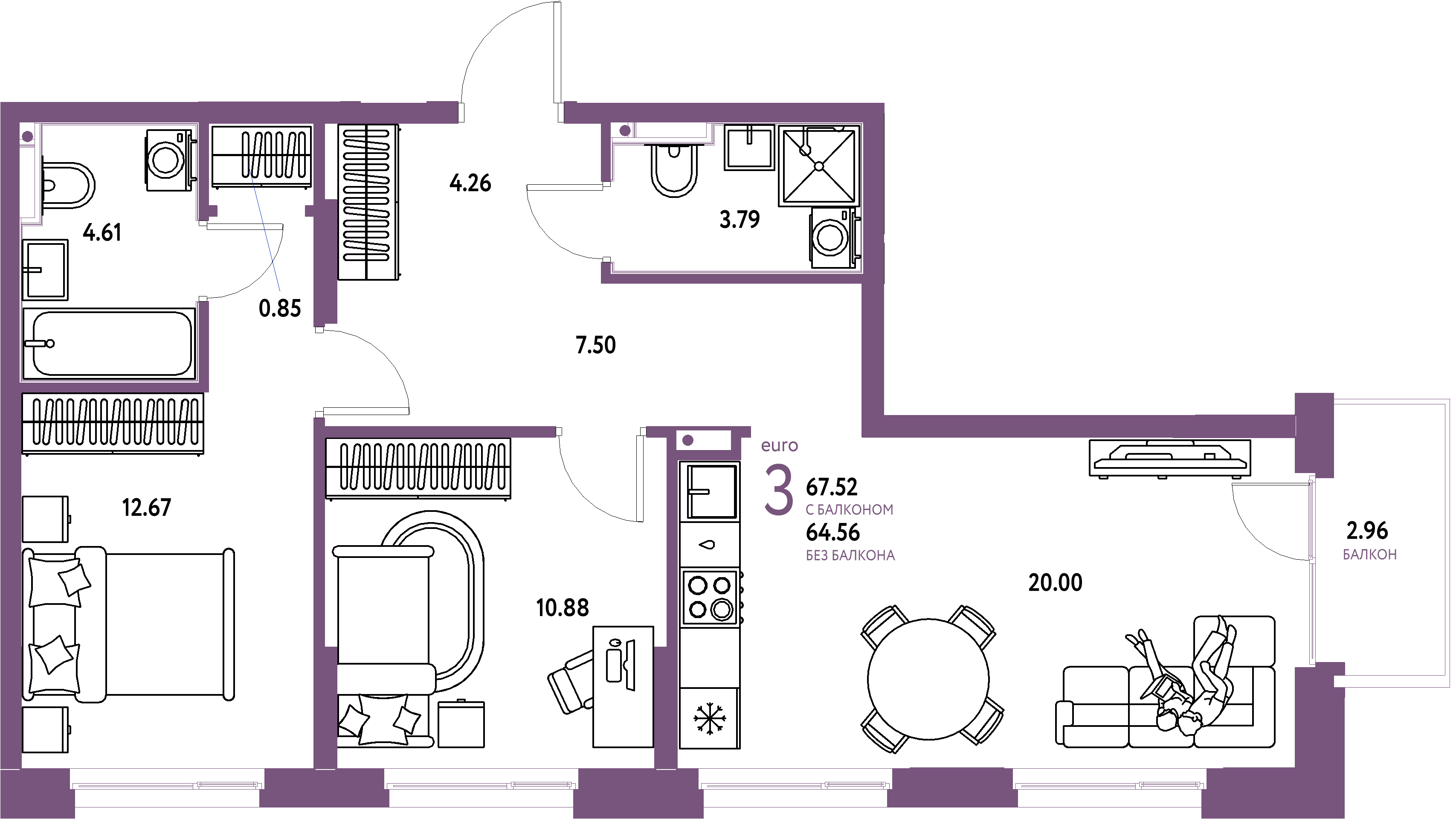 ЖК "Домашний"-3-комнатная 67.63 м²