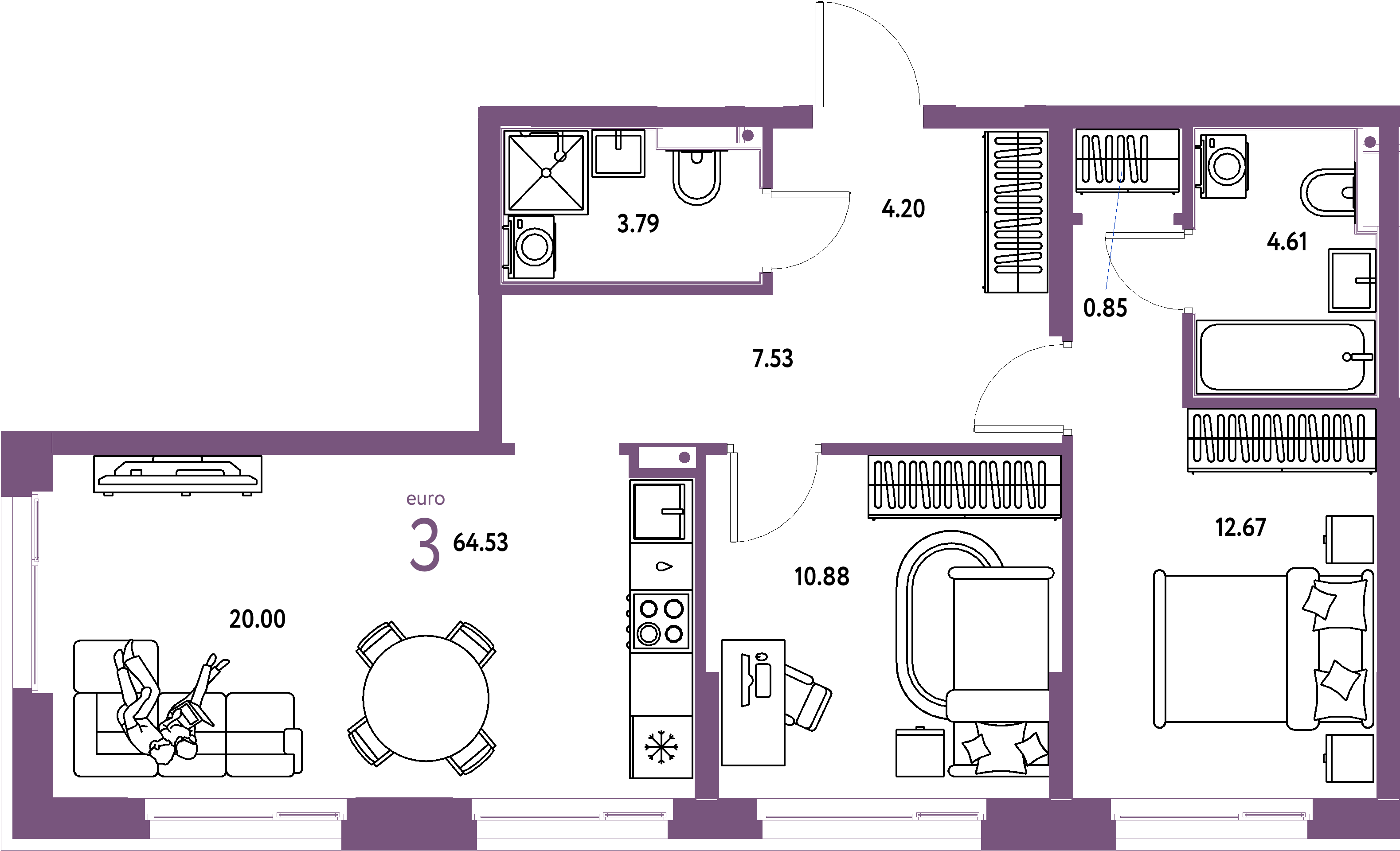 ЖК "Домашний"-3-комнатная 64.64 м²