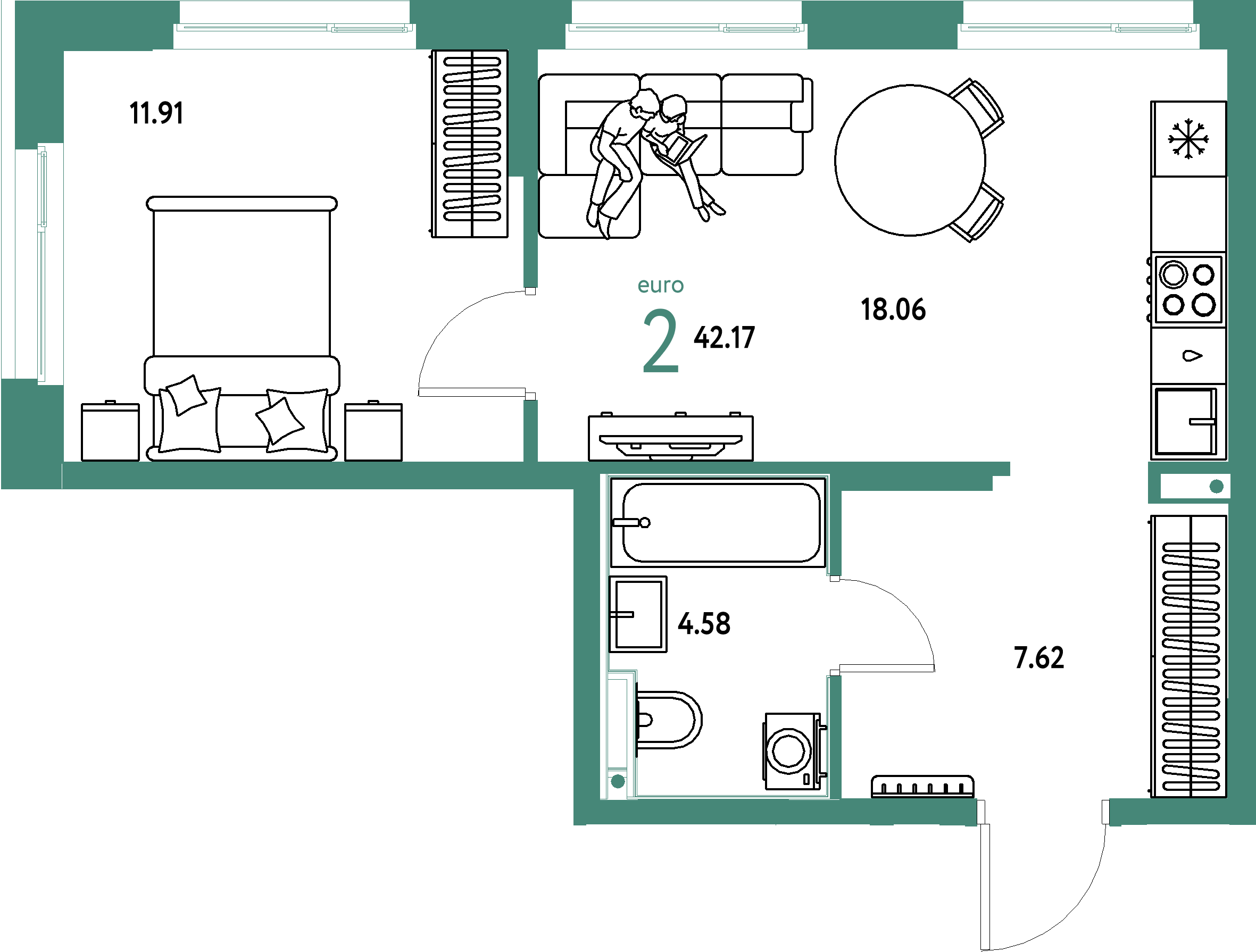 ЖК "Домашний"-2-комнатная 42.17 м²