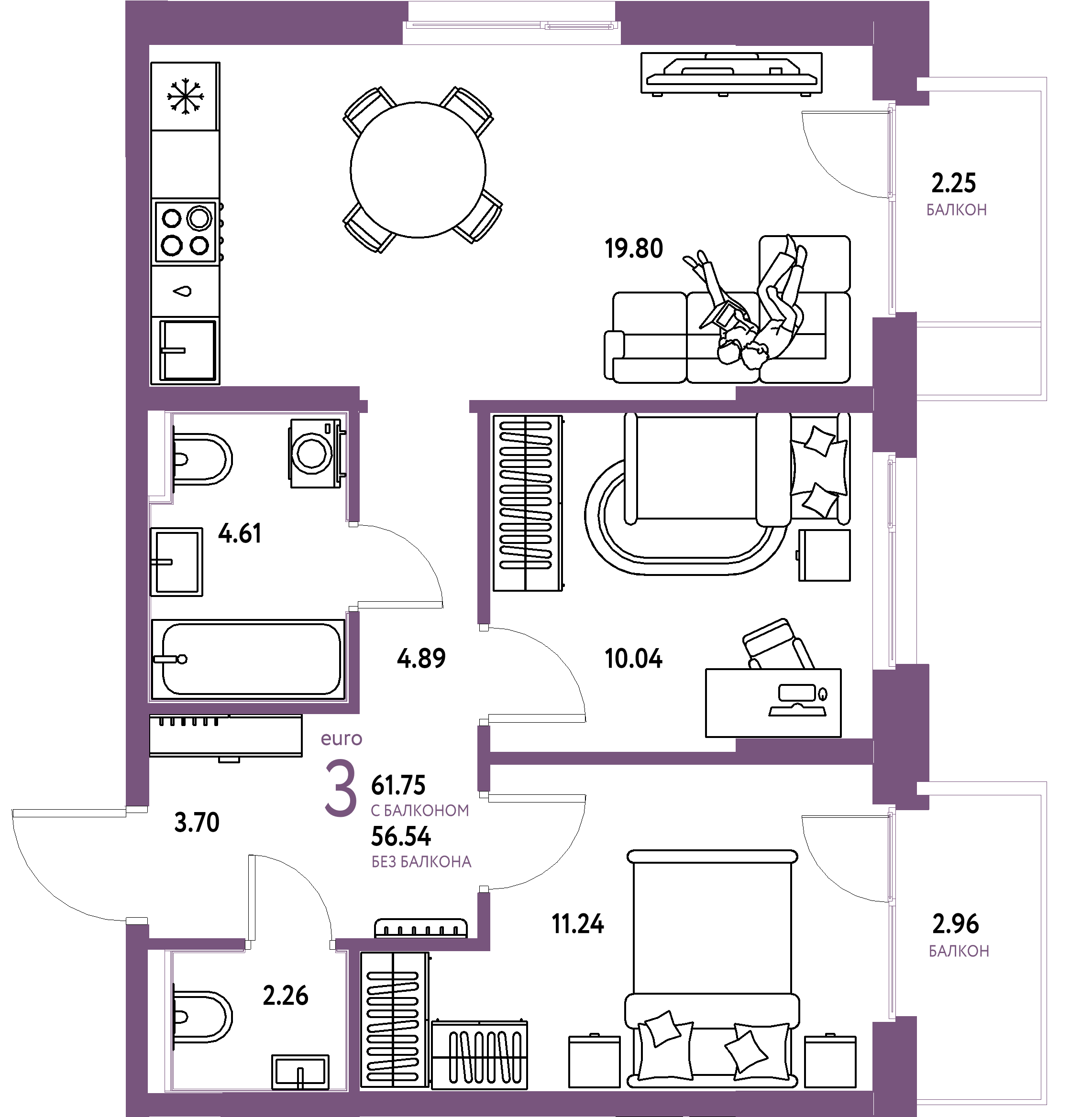 ЖК "Домашний"-3-комнатная 62.46 м²
