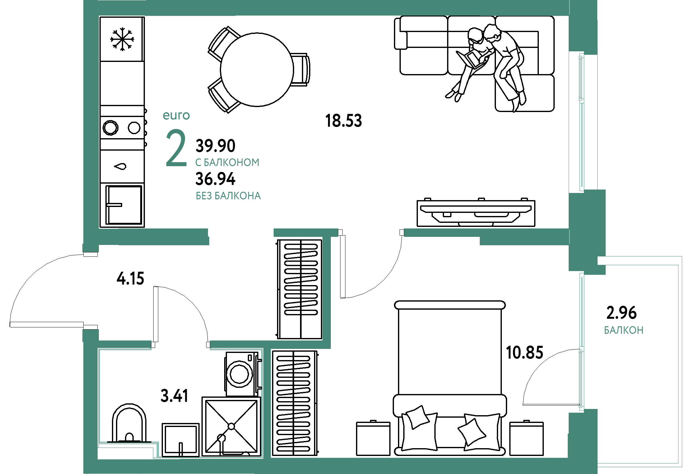 ЖК "Домашний"-2-комнатная 39.9 м²