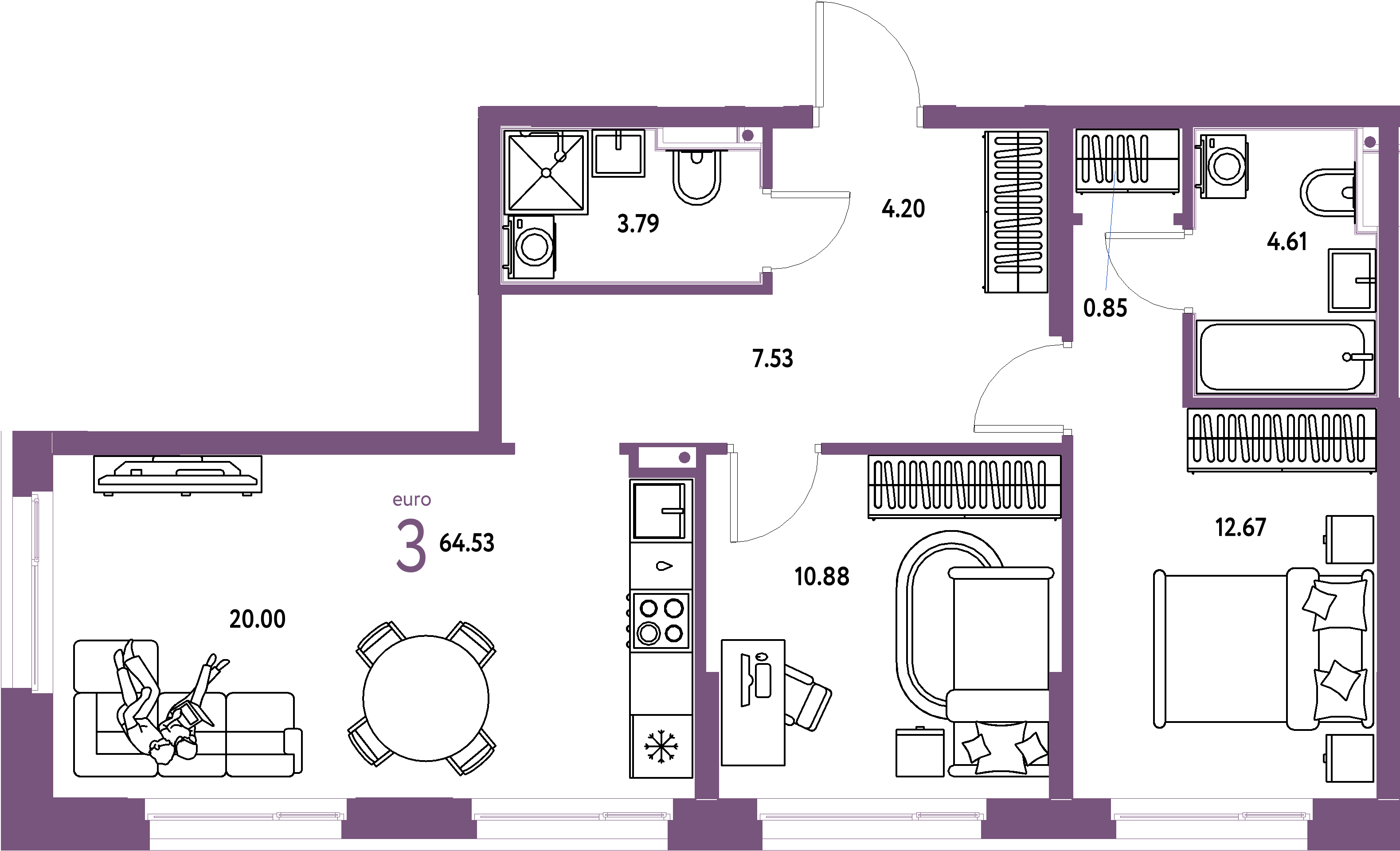 ЖК "Домашний"-3-комнатная 64.64 м²