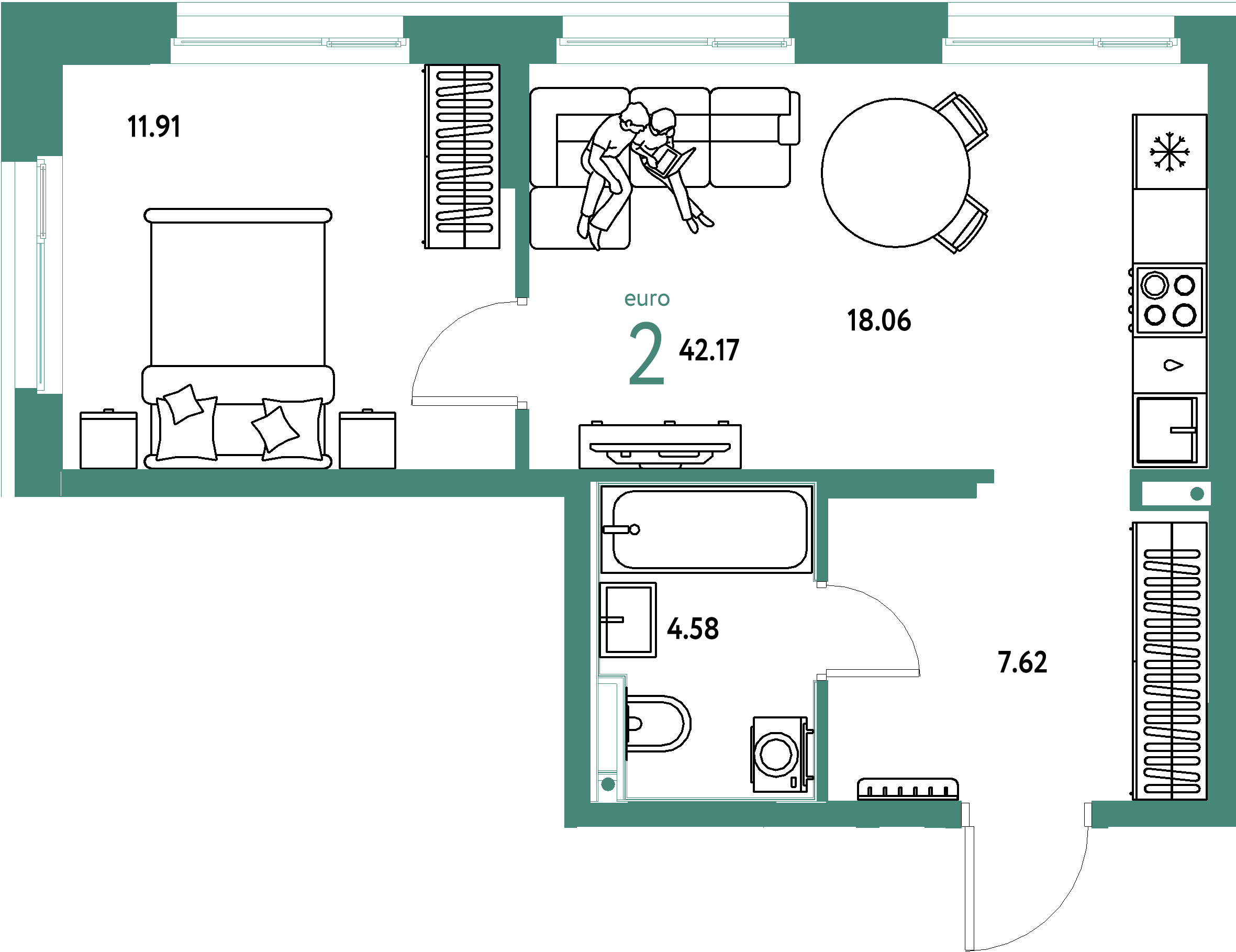 ЖК "Домашний"-2-комнатная 42.17 м²