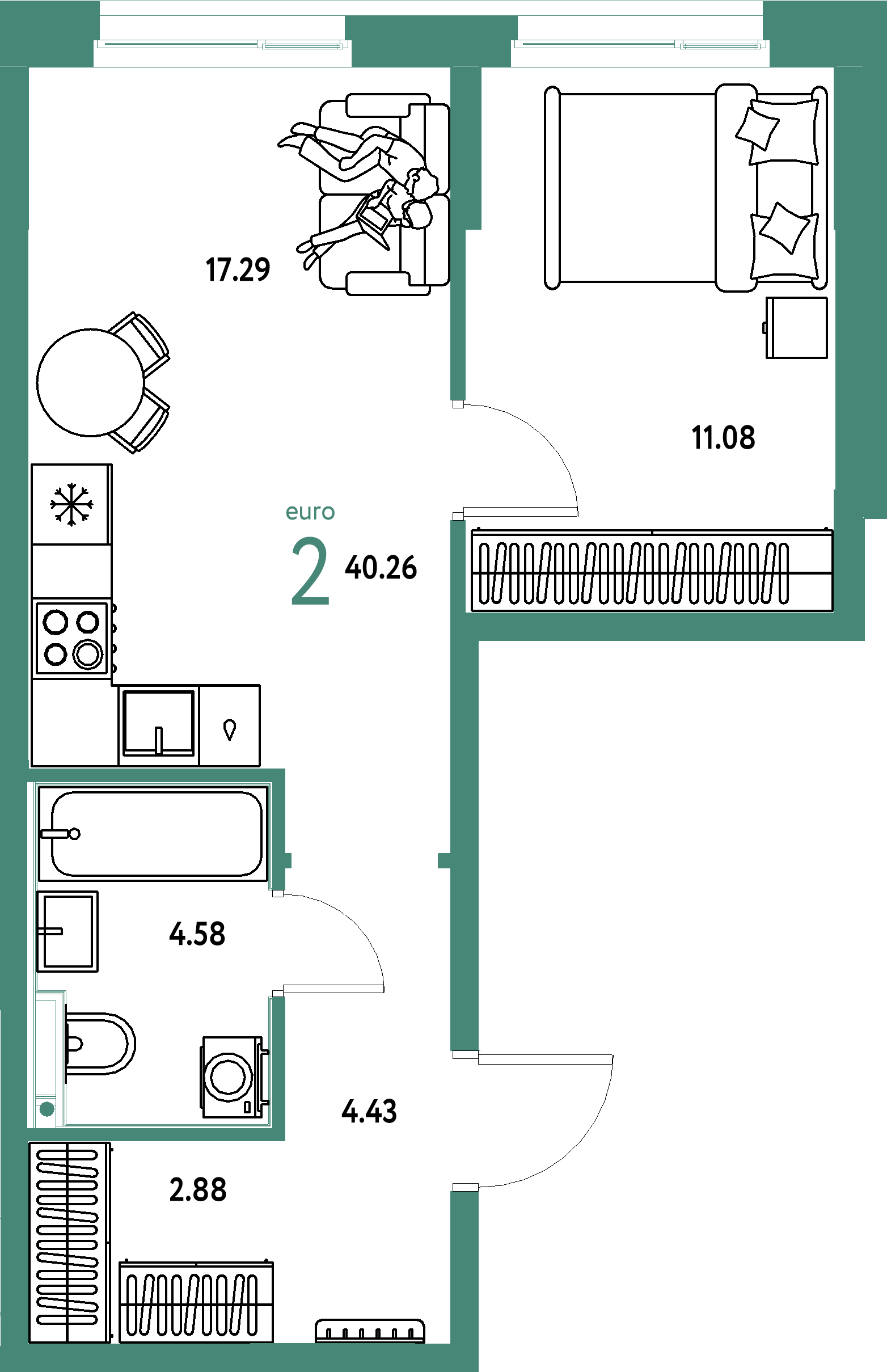 ЖК "Домашний"-2-комнатная 40.26 м²