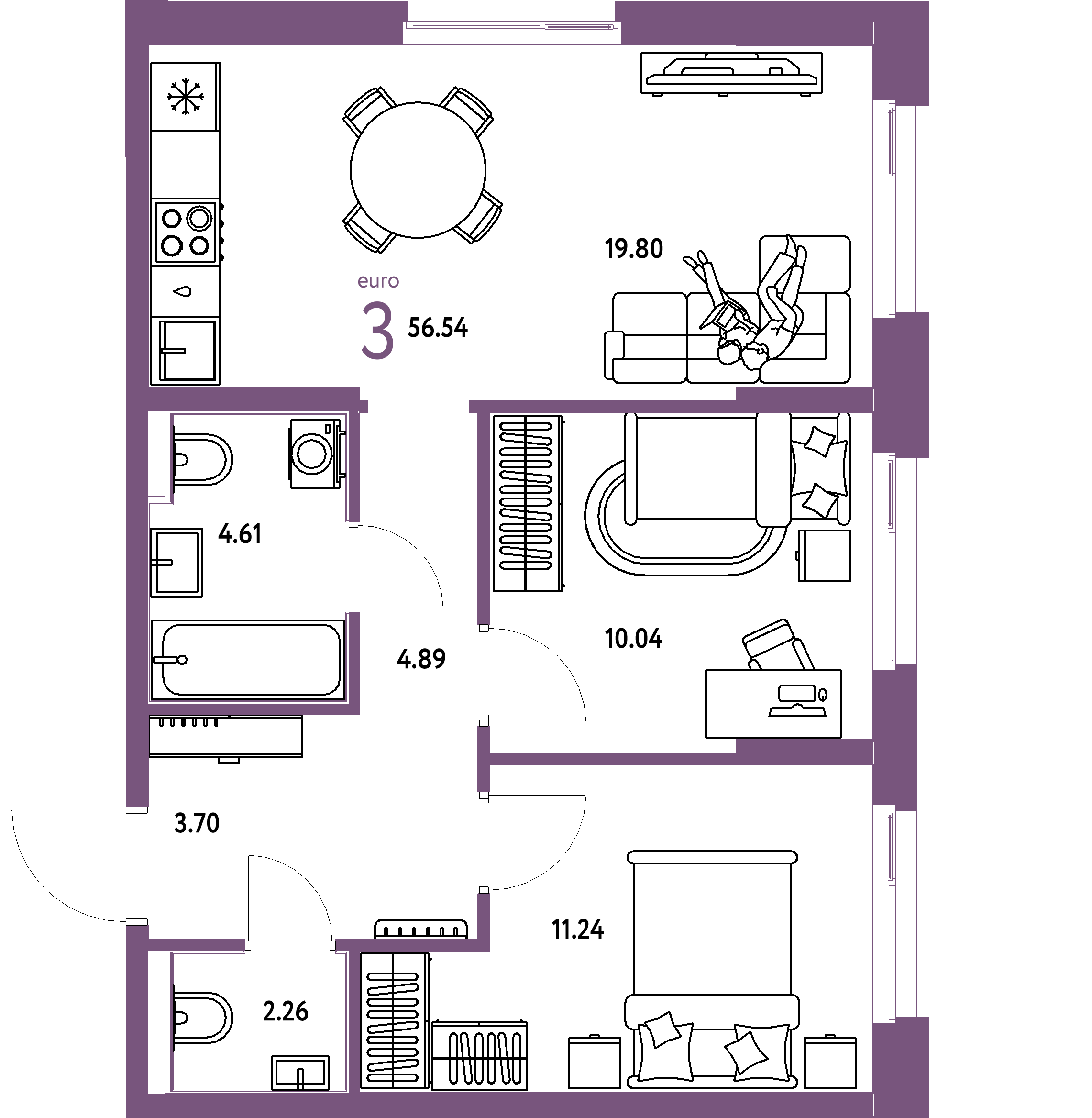 ЖК "Домашний"-3-комнатная 56.54 м²