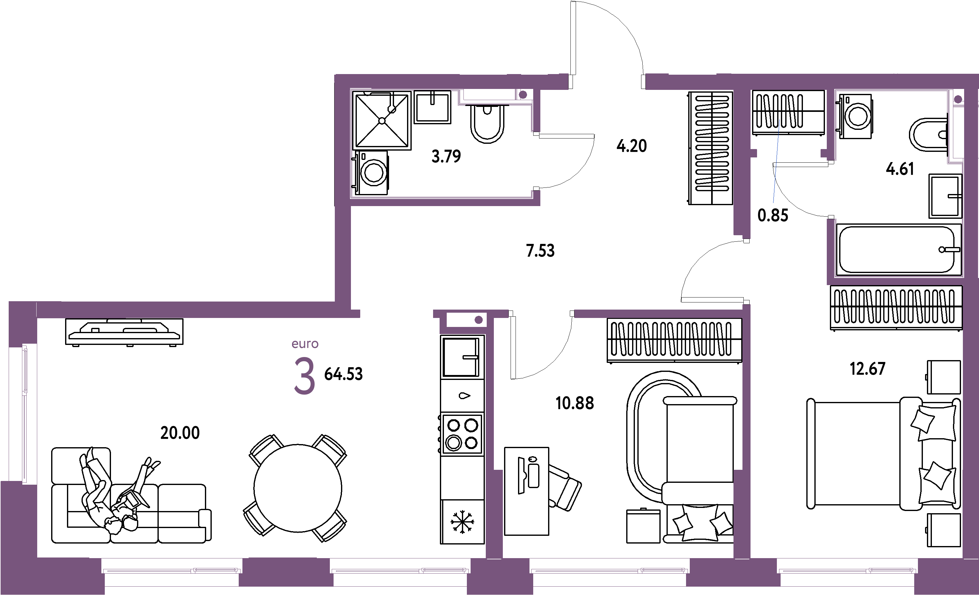 ЖК "Домашний"-3-комнатная 64.64 м²