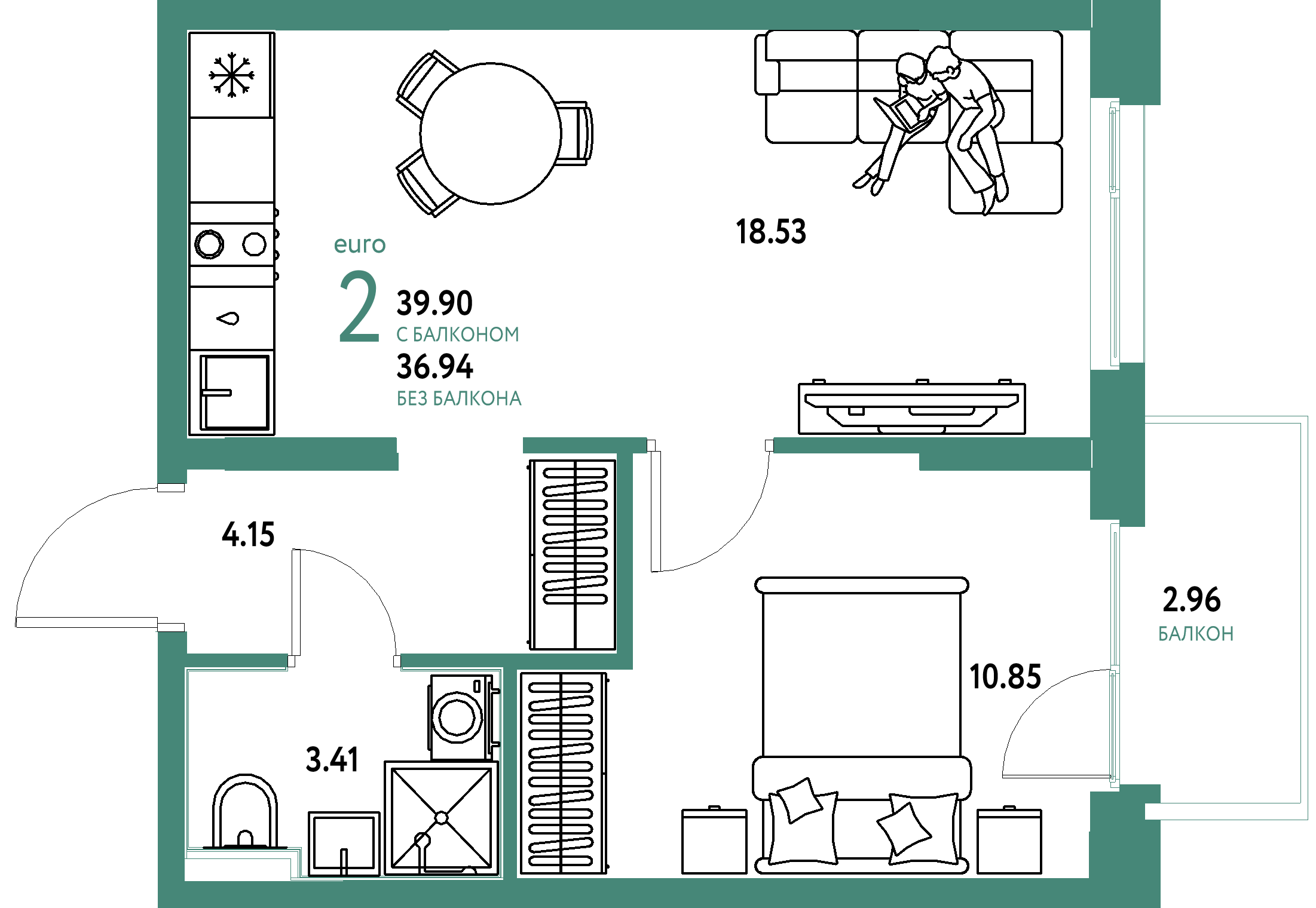 ЖК "Домашний"-2-комнатная 39.9 м²