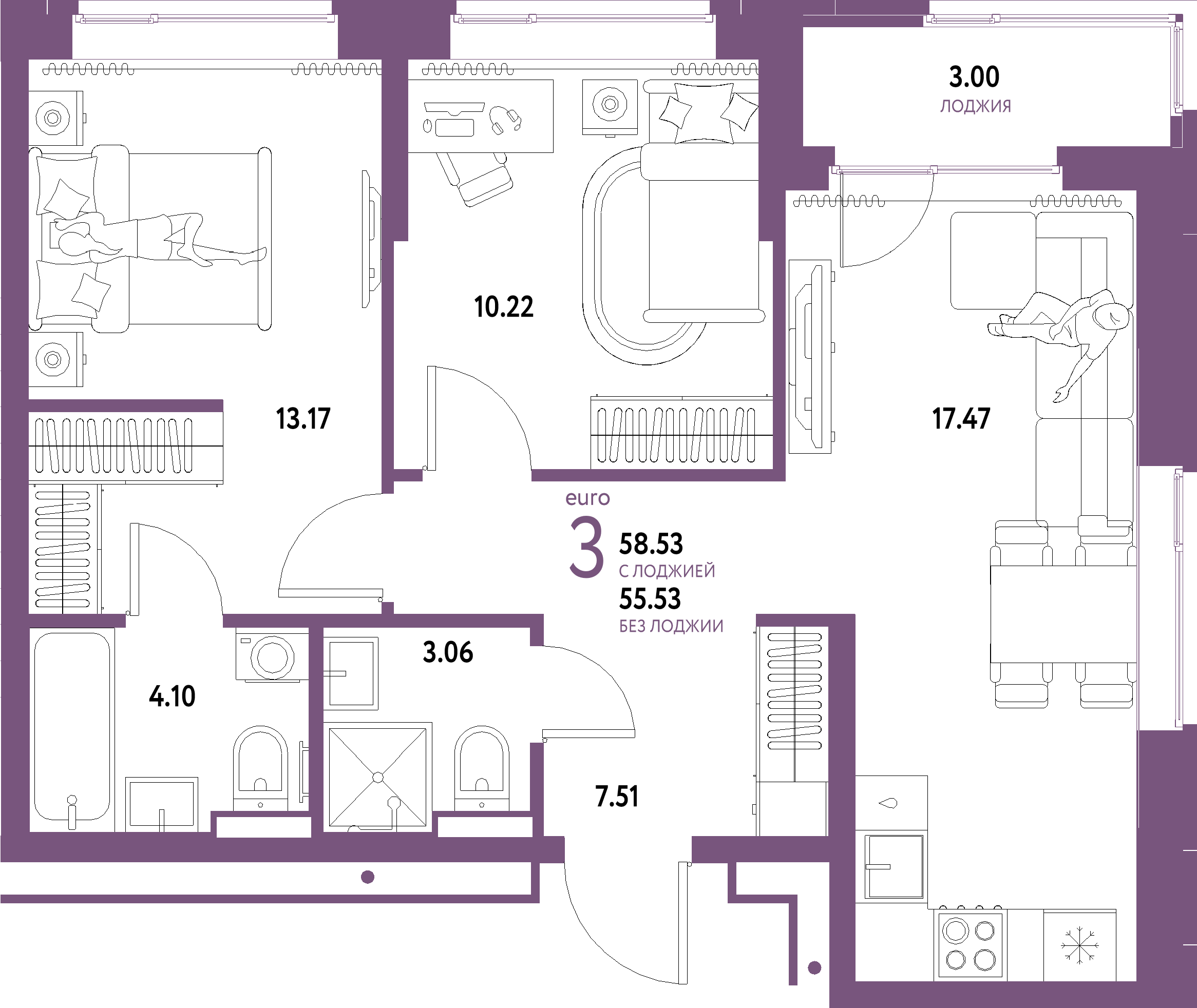 ЖК "Домашний"-3-комнатная 58.53 м²