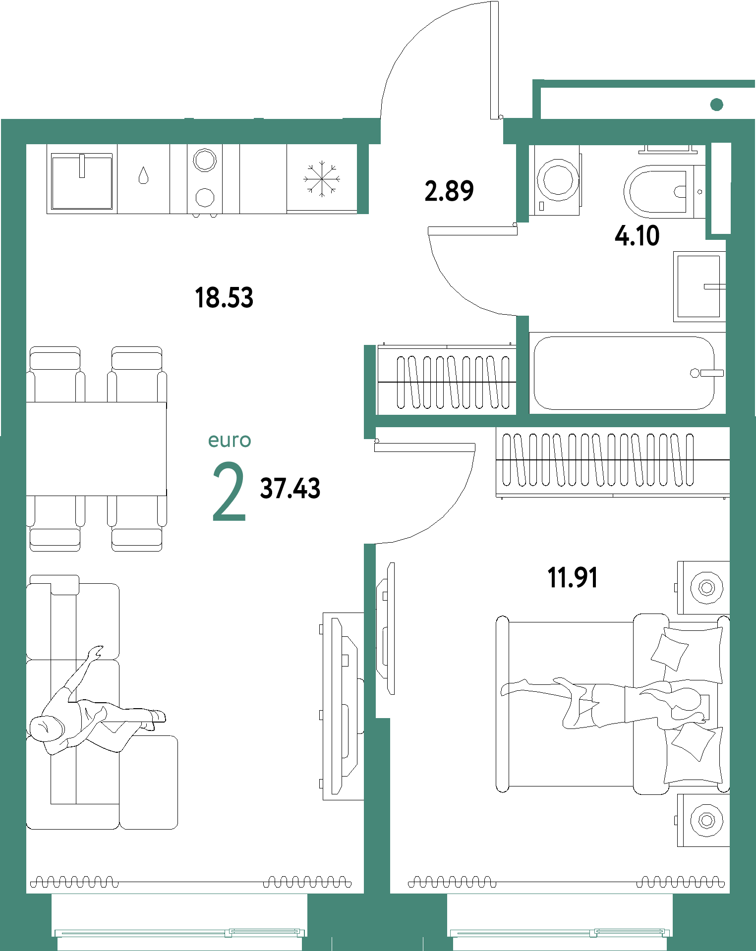 ЖК "Домашний"-2-комнатная 37.43 м²
