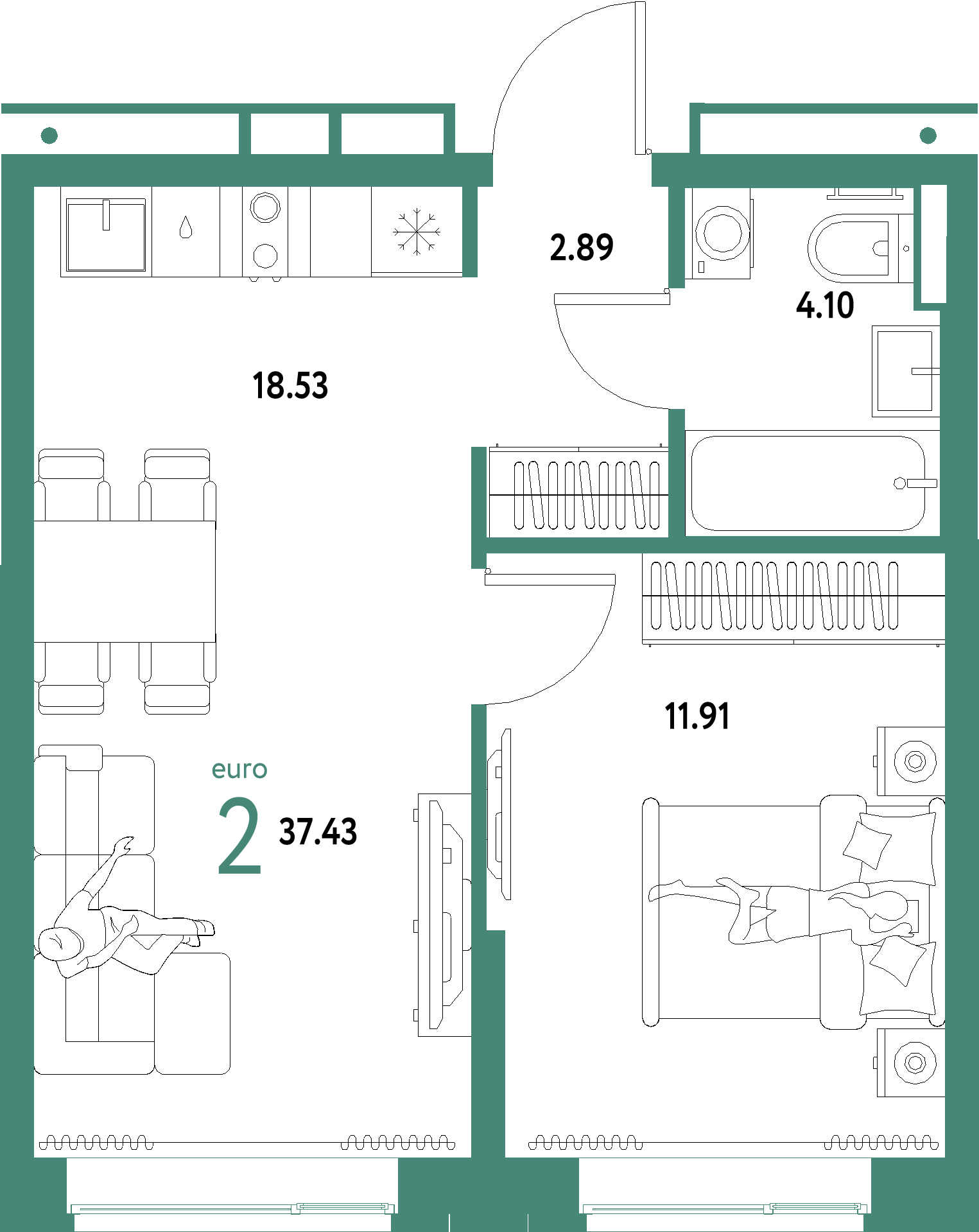 ЖК "Домашний"-2-комнатная 37.43 м²