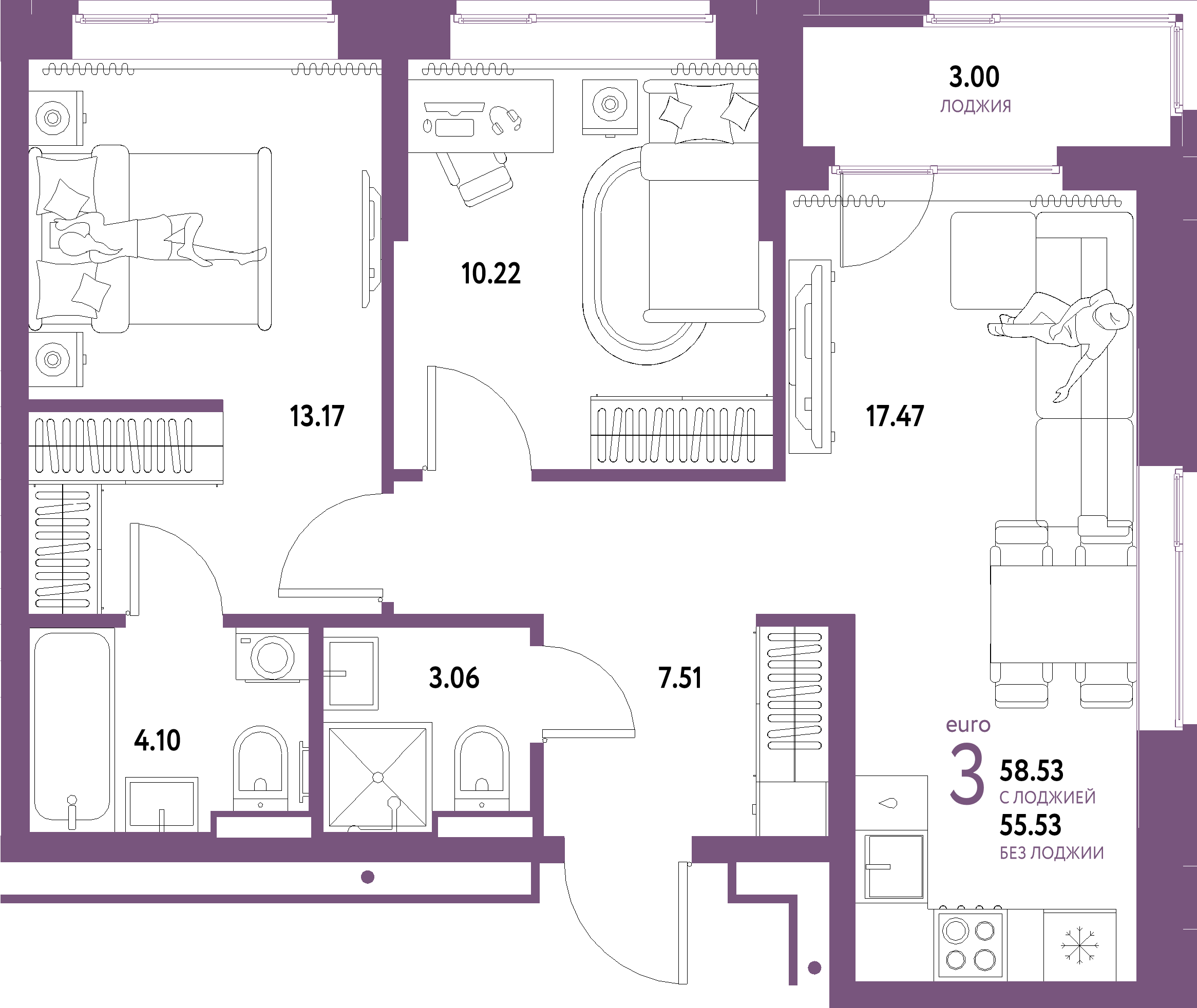 Купить 3-комнатную квартиру 58.53м², этаж №4 кв №15 в ЖК 