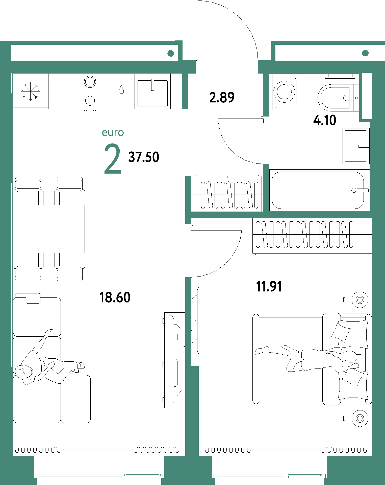 ЖК "Домашний"-2-комнатная 37.5 м²