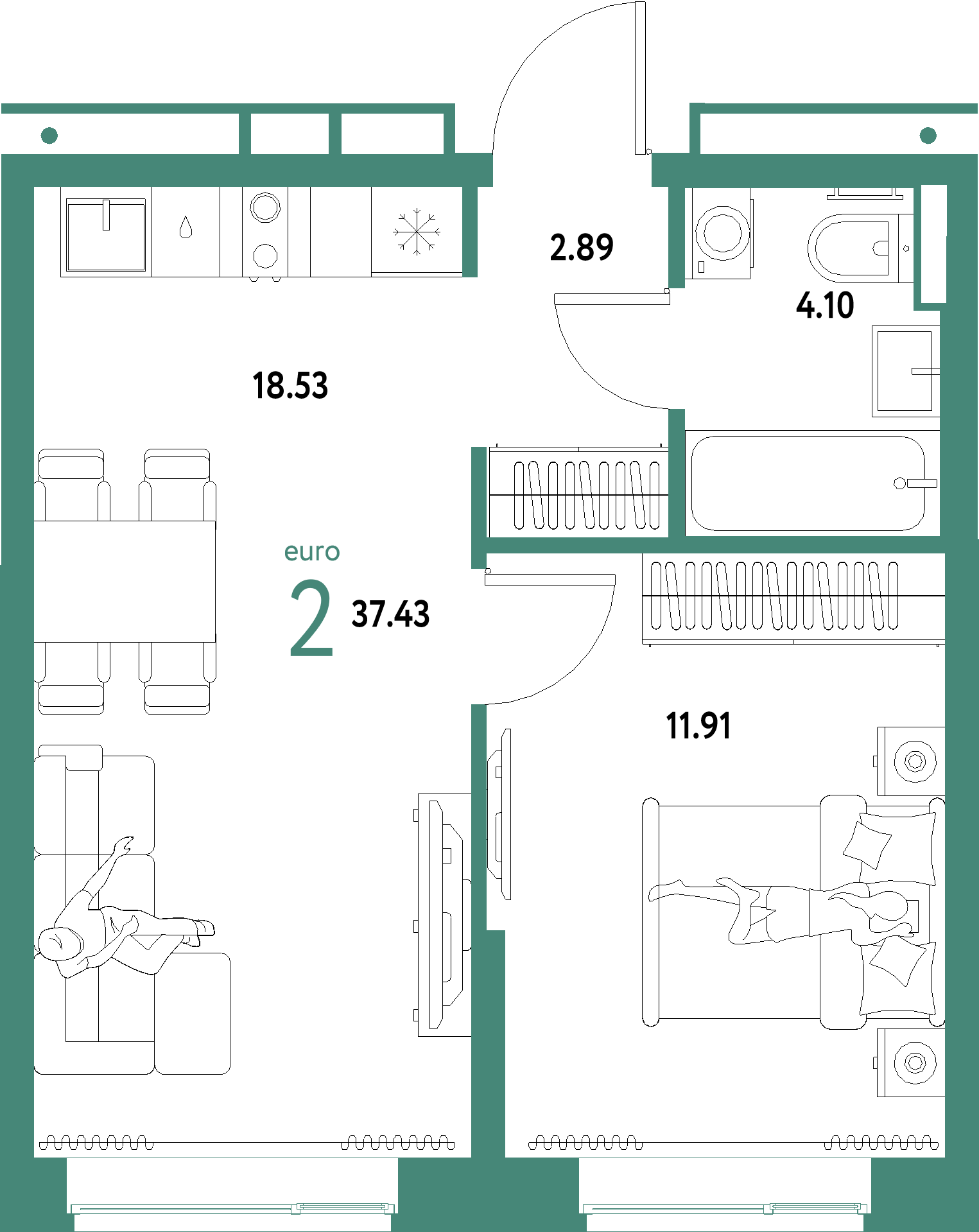 ЖК "Домашний"-2-комнатная 37.43 м²