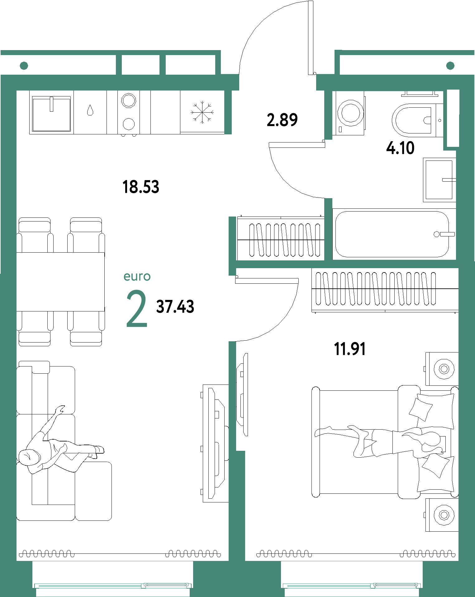 ЖК "Домашний"-2-комнатная 37.43 м²