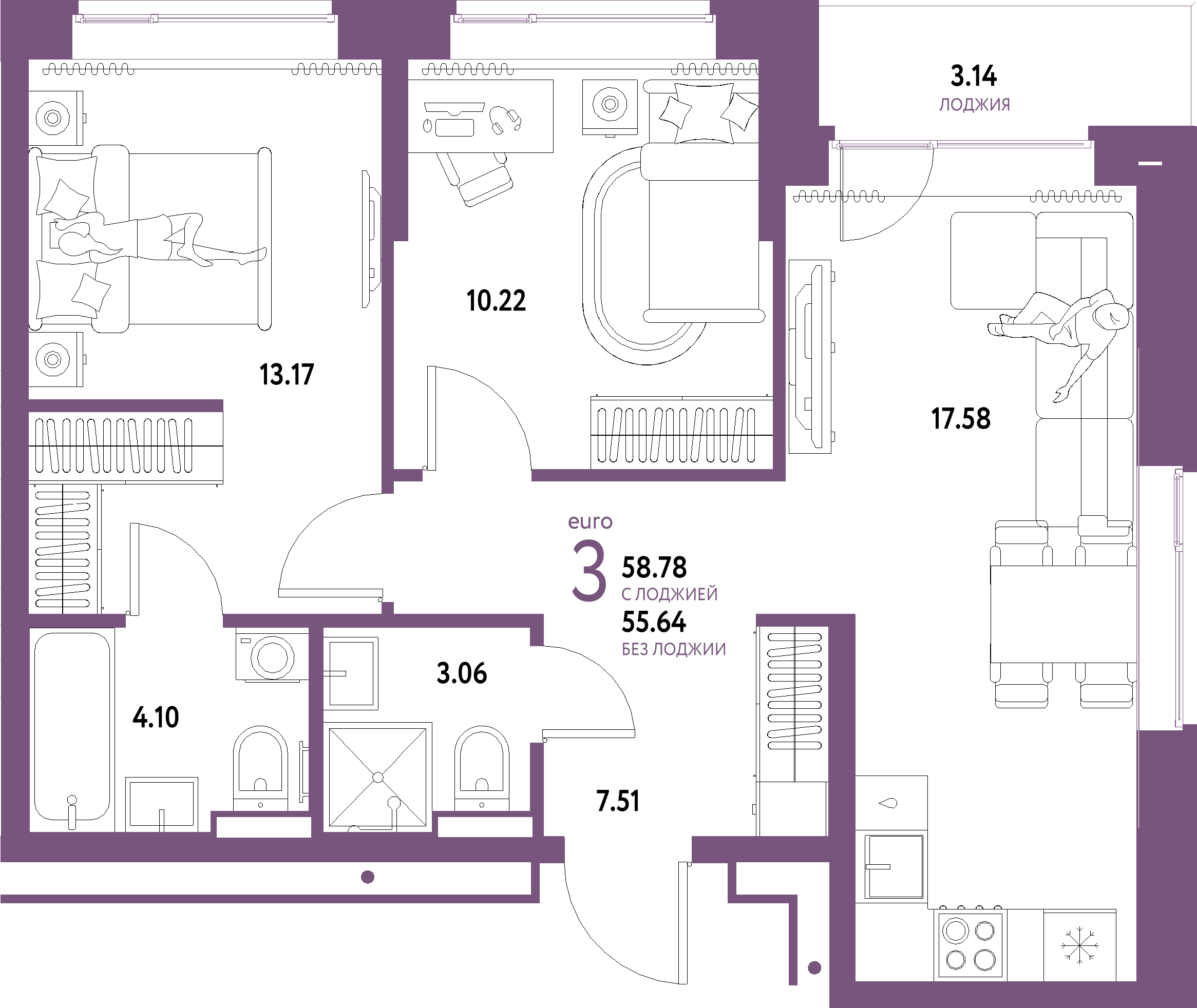ЖК "Домашний"-3-комнатная 58.78 м²