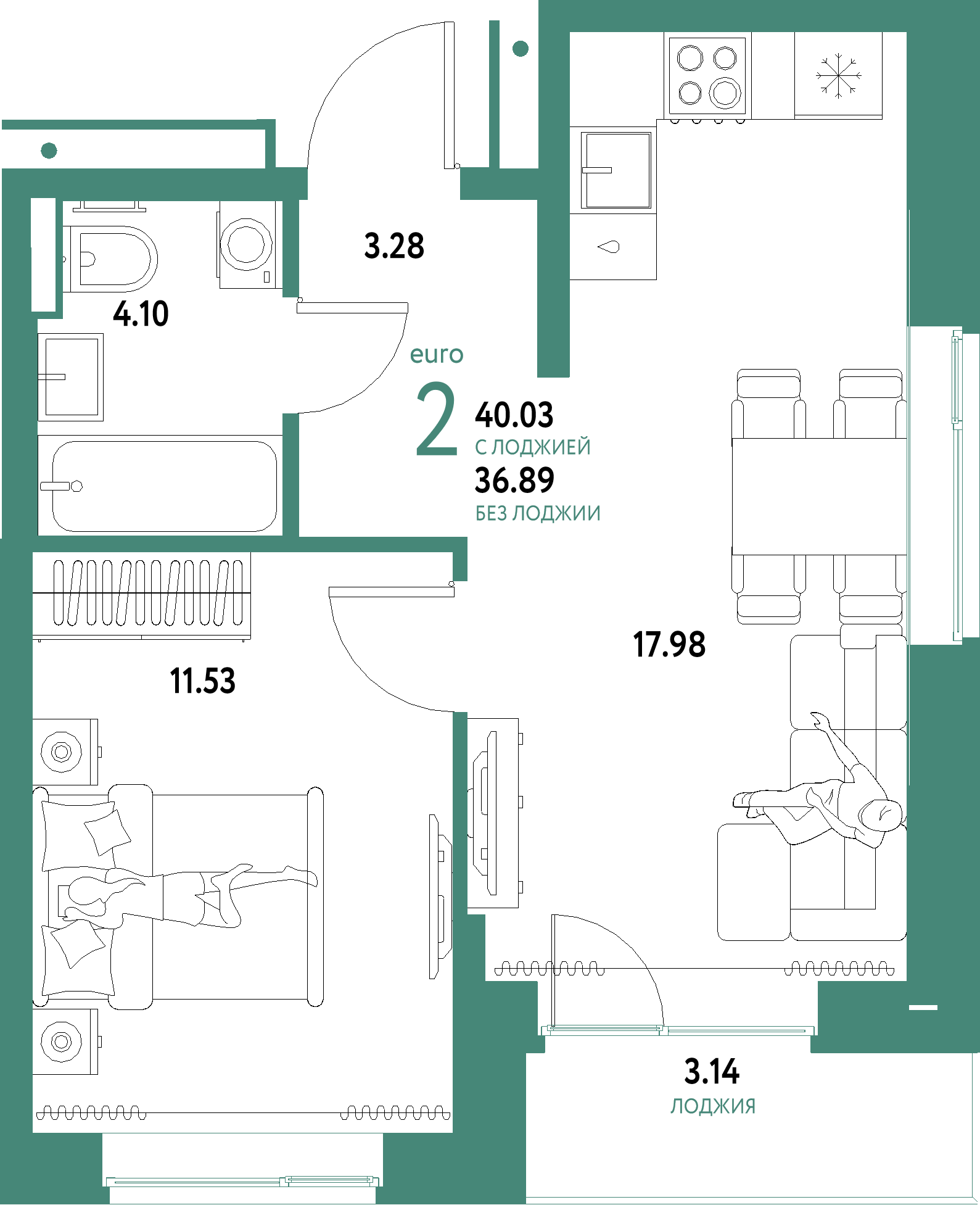 ЖК "Домашний"-2-комнатная 40.03 м²