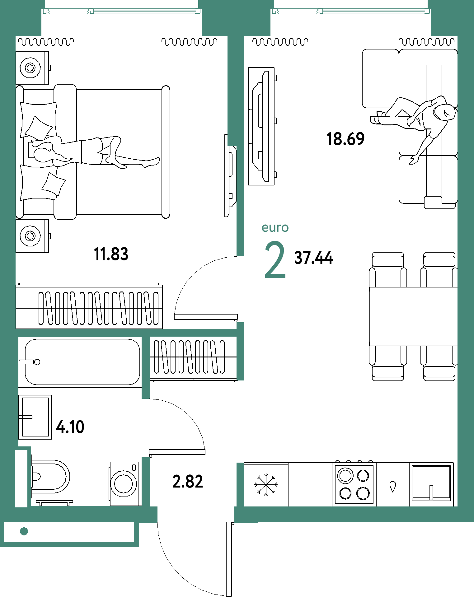 ЖК "Домашний"-2-комнатная 37.44 м²