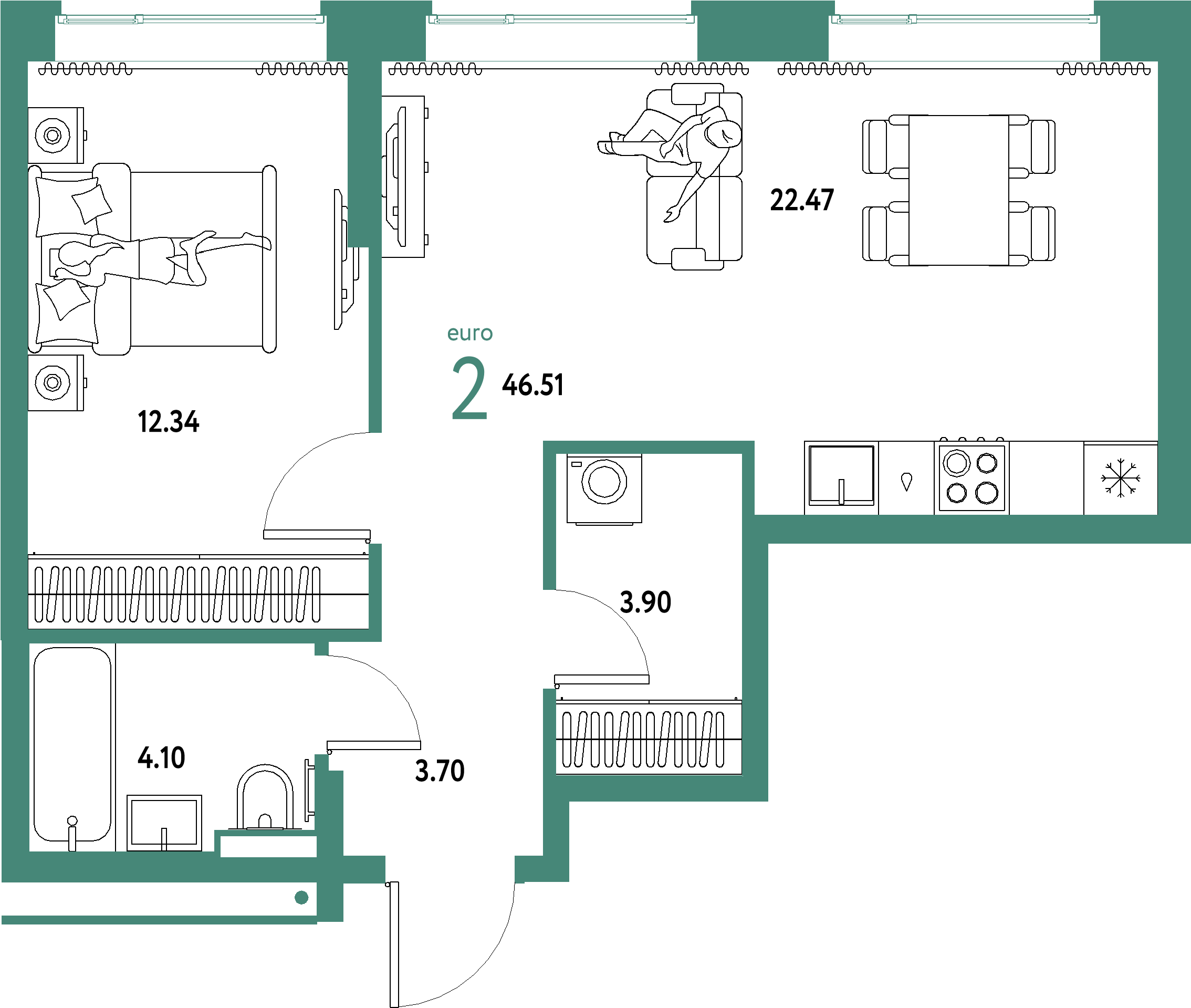 ЖК "Домашний"-2-комнатная 46.51 м²