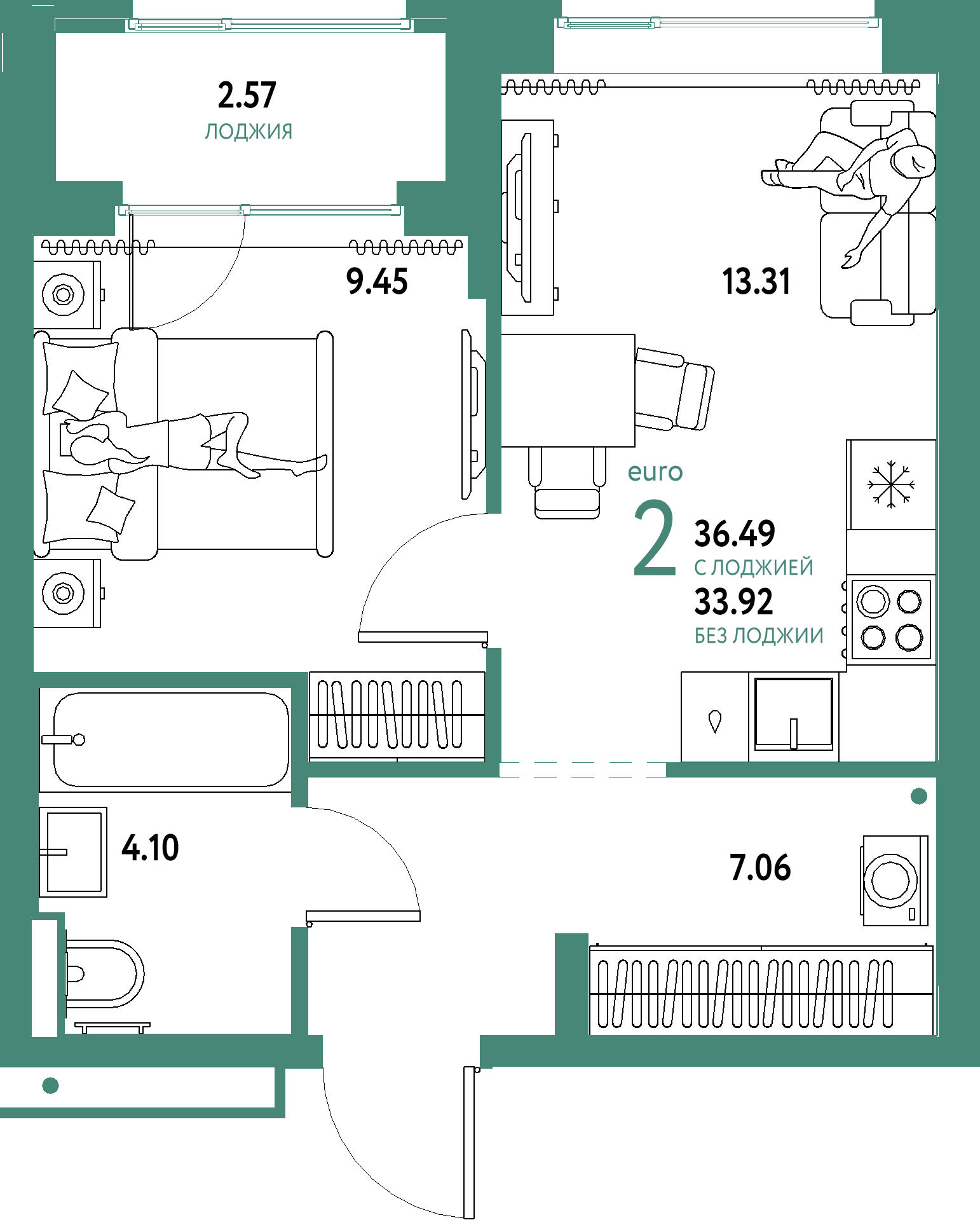 ЖК "Домашний"-2-комнатная 36.49 м²