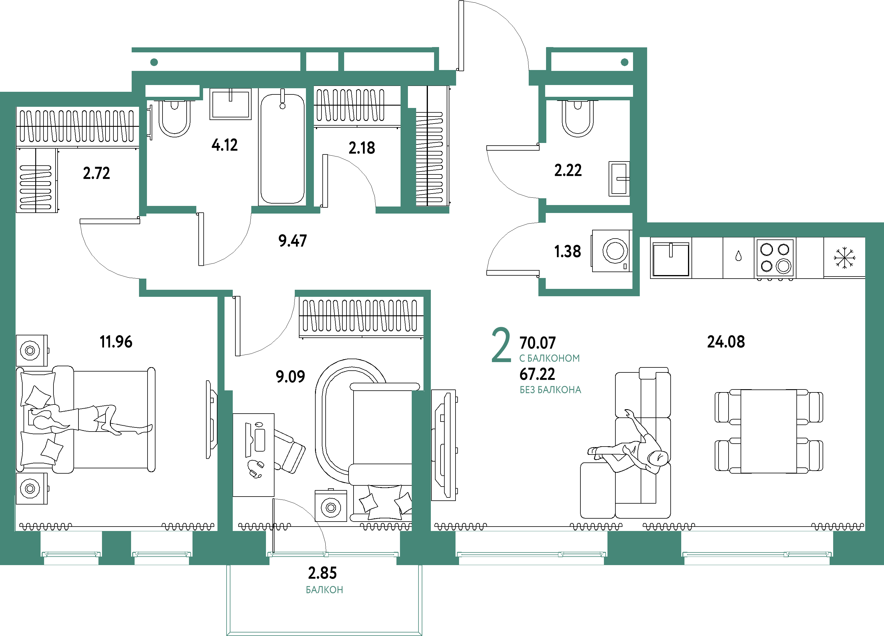 ЖК "Домашний"-3-комнатная 70.07 м²