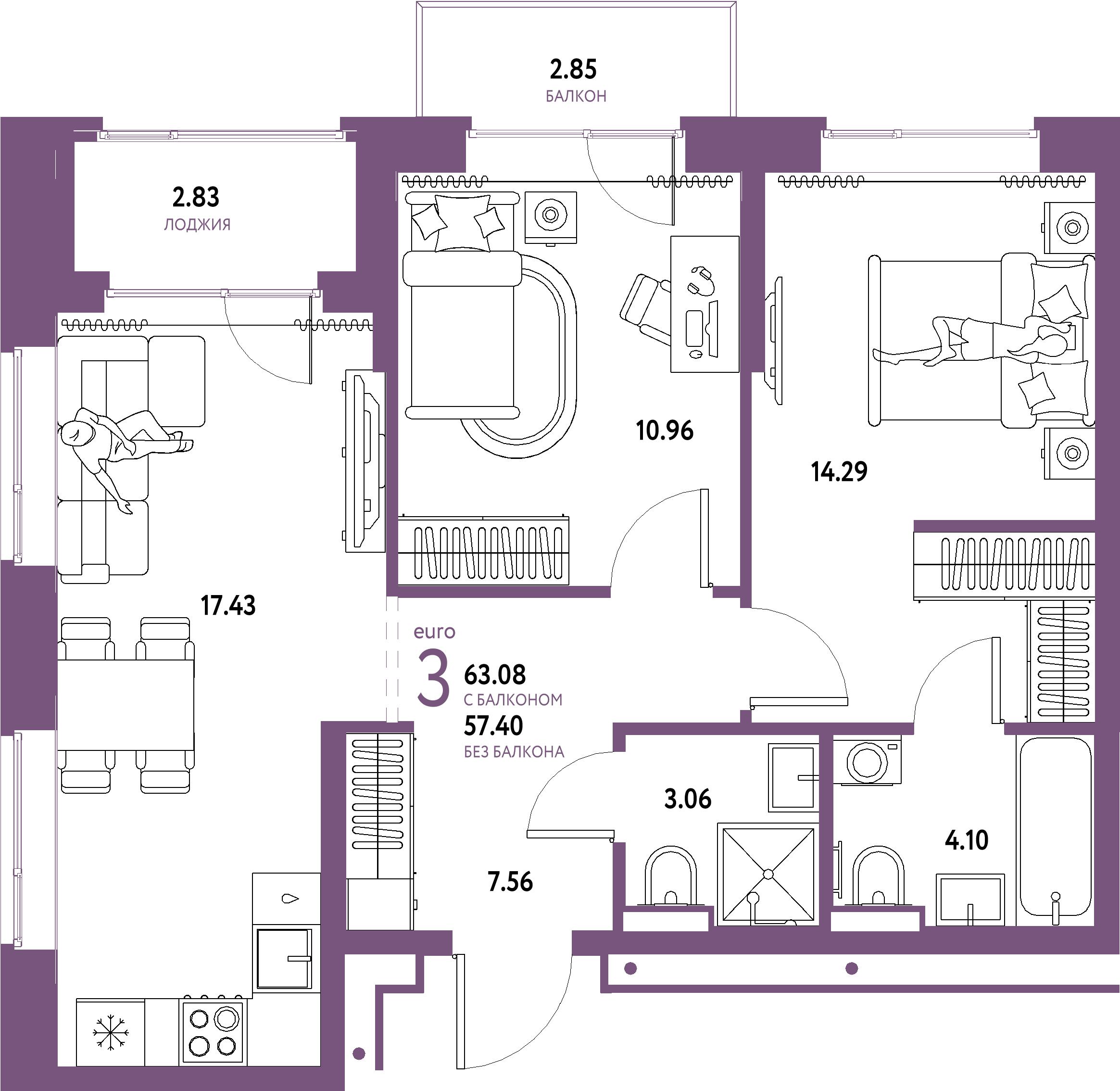 ЖК "Домашний"-3-комнатная 63.08 м²