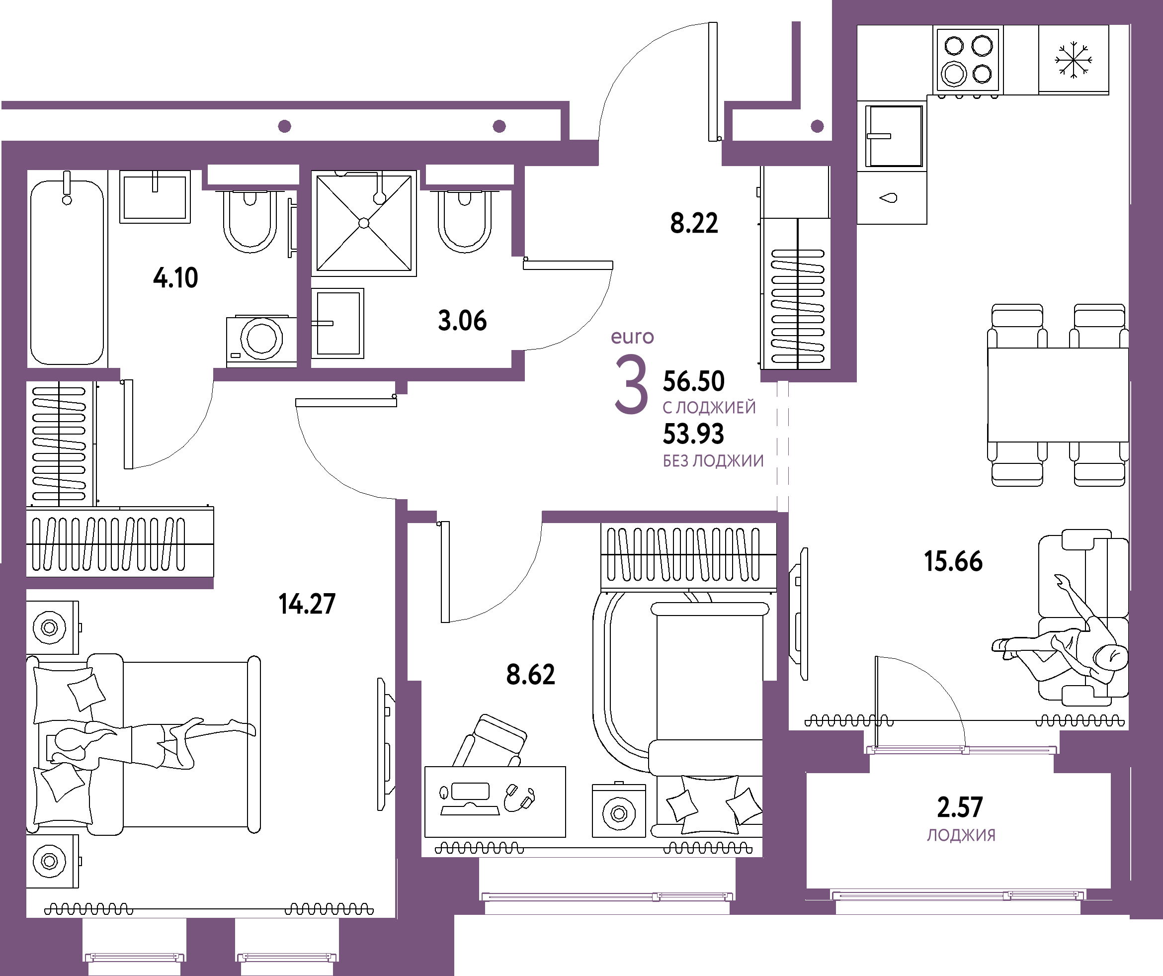 ЖК "Домашний"-3-комнатная 56.5 м²