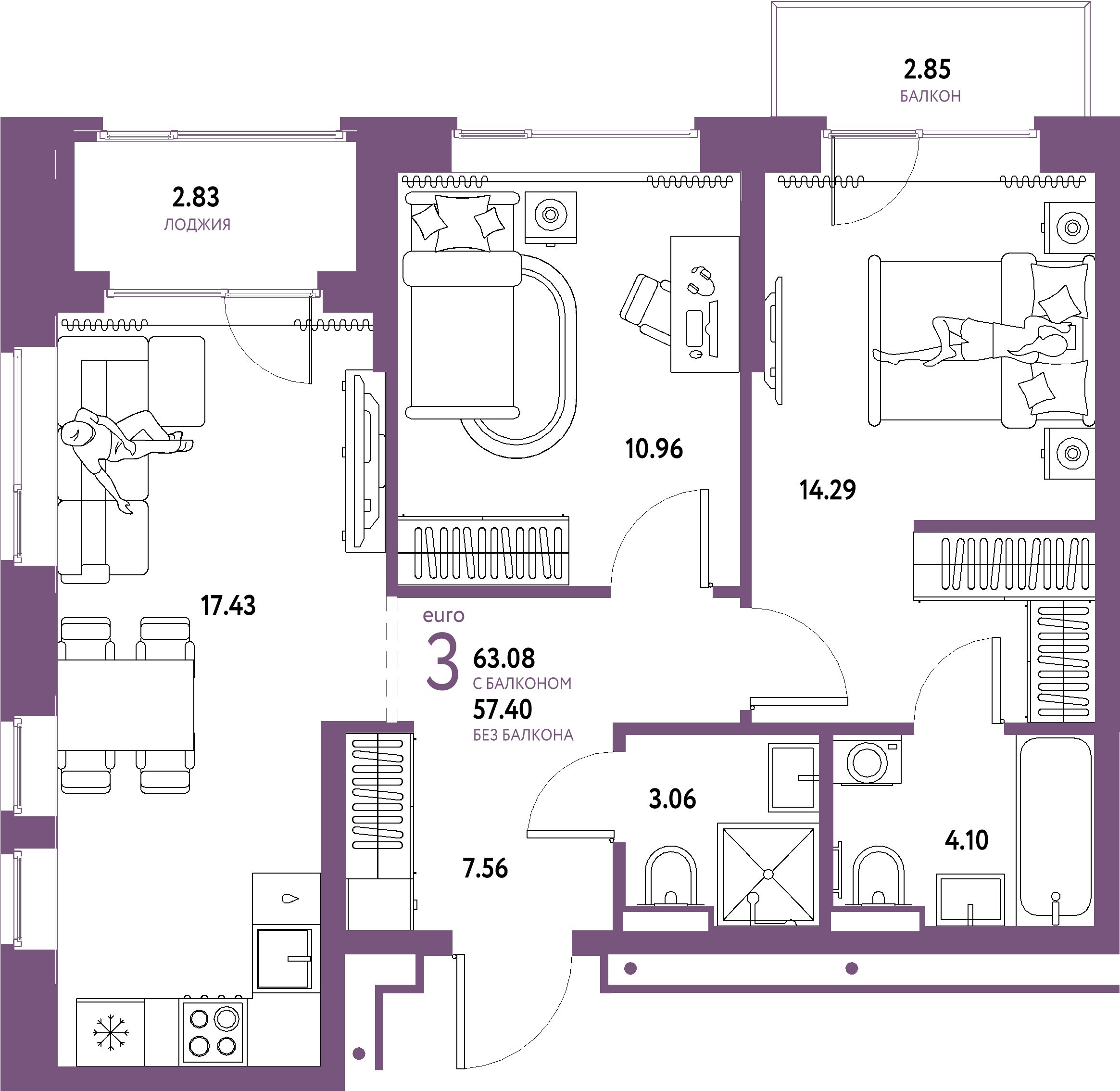 ЖК "Домашний"-3-комнатная 63.08 м²