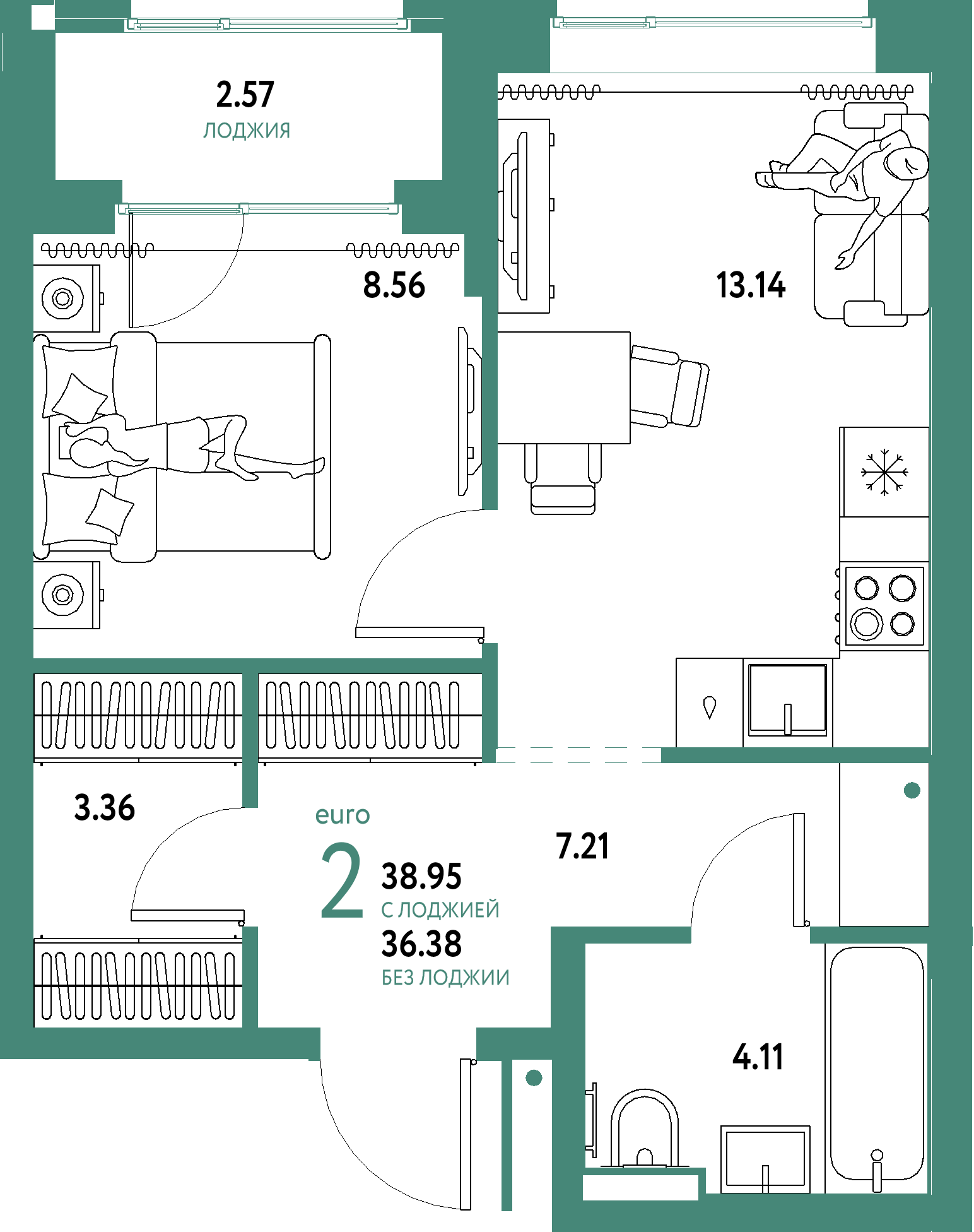 ЖК "Домашний"-2-комнатная 38.95 м²