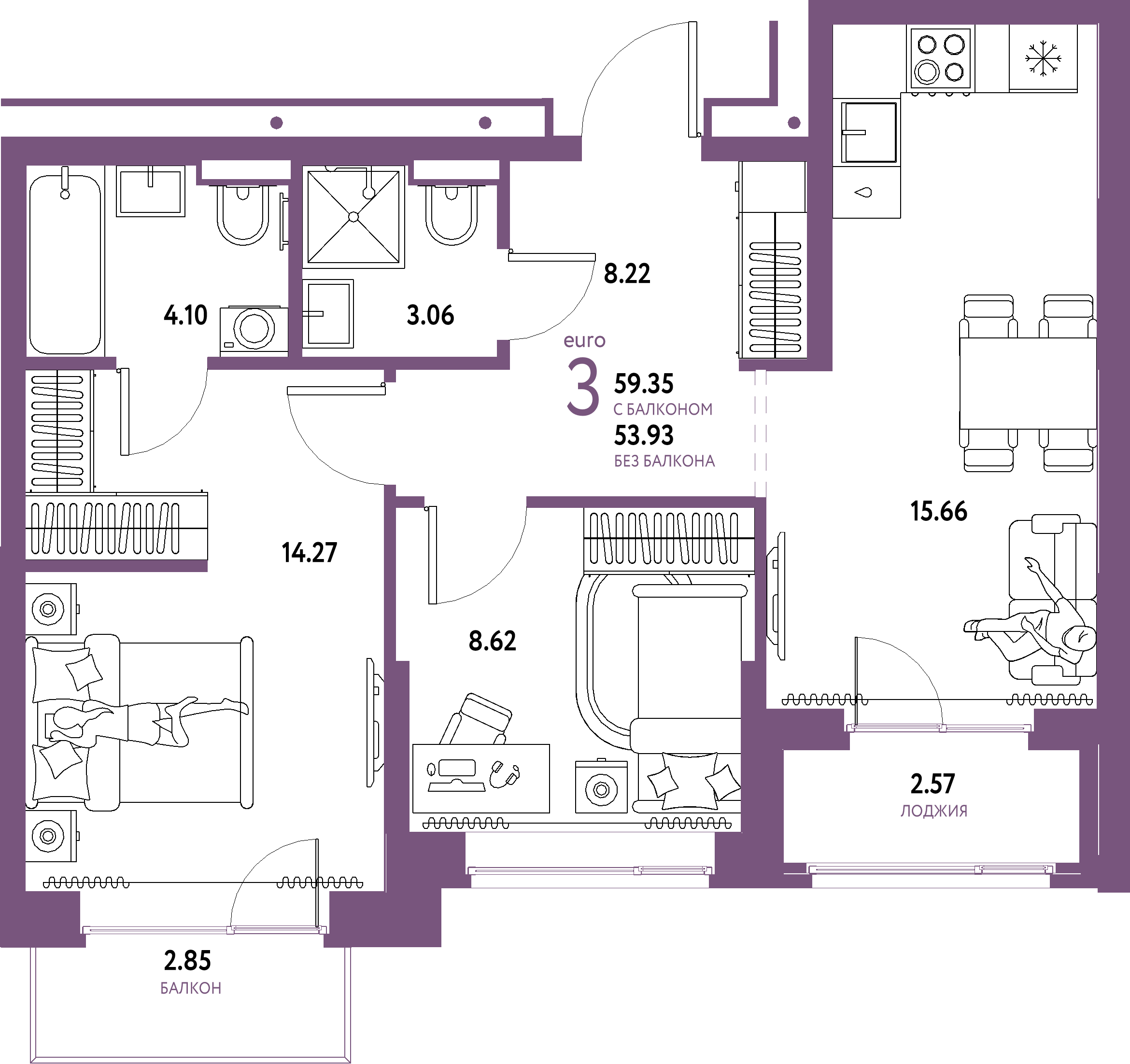 Купить 3-комнатную квартиру 59.35м², этаж №6 кв №109 в ЖК 