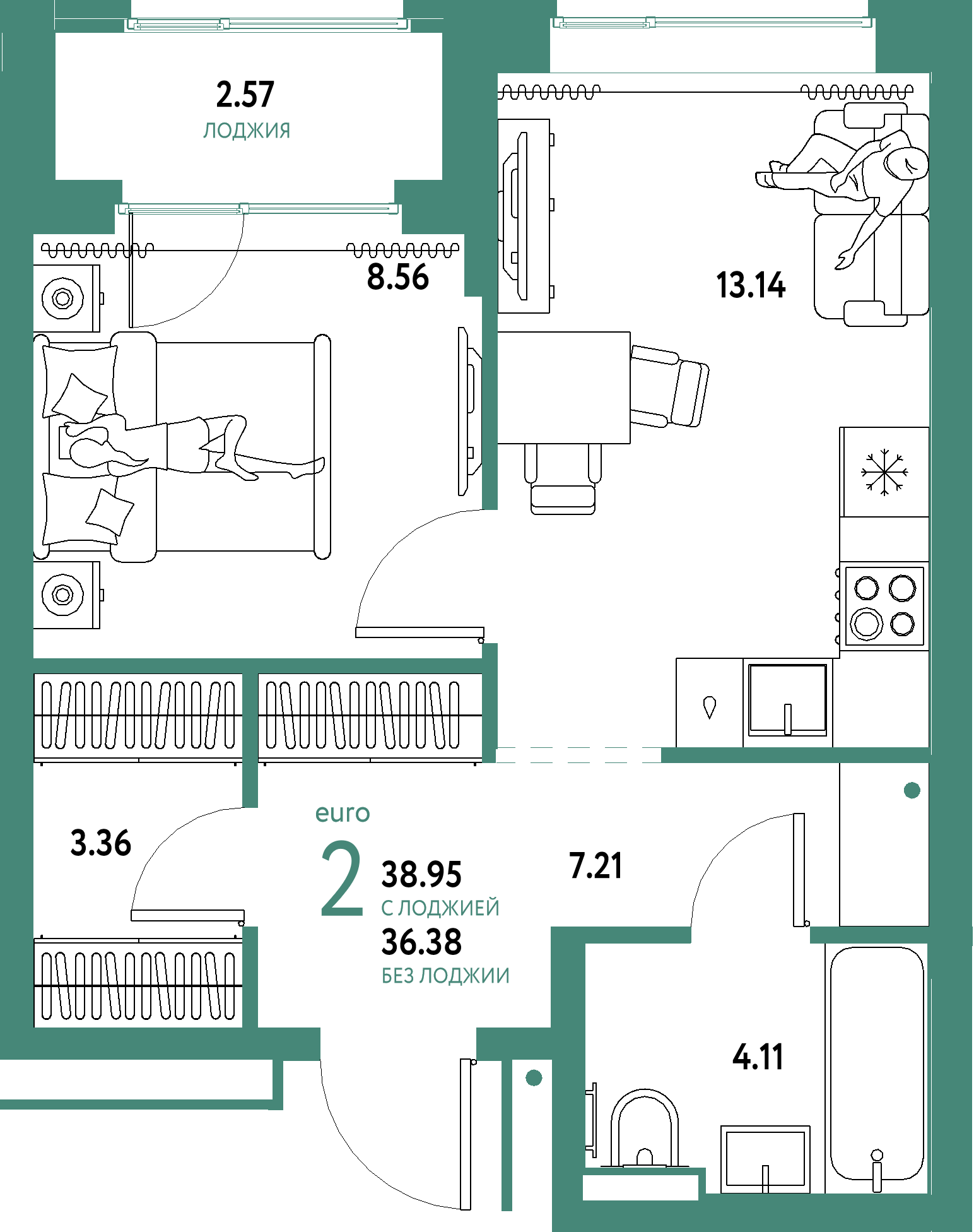 ЖК "Домашний"-2-комнатная 38.95 м²