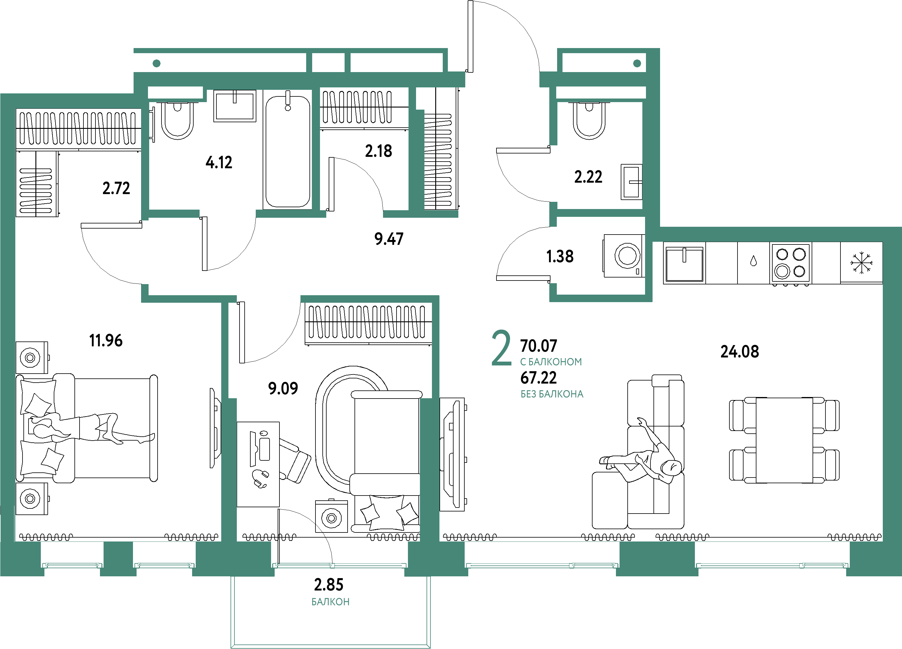 ЖК "Домашний"-3-комнатная 70.07 м²