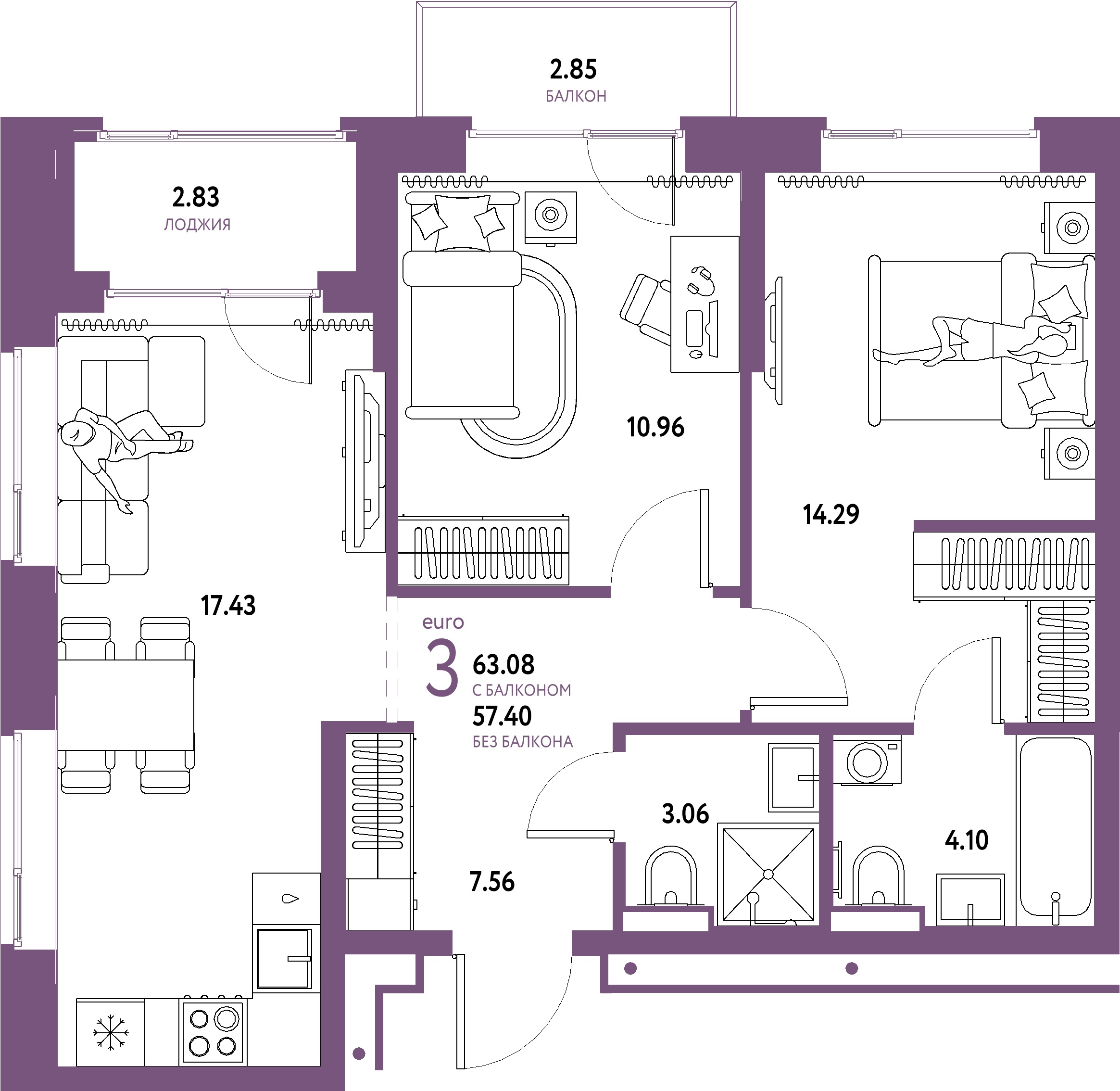 ЖК "Домашний"-3-комнатная 63.08 м²