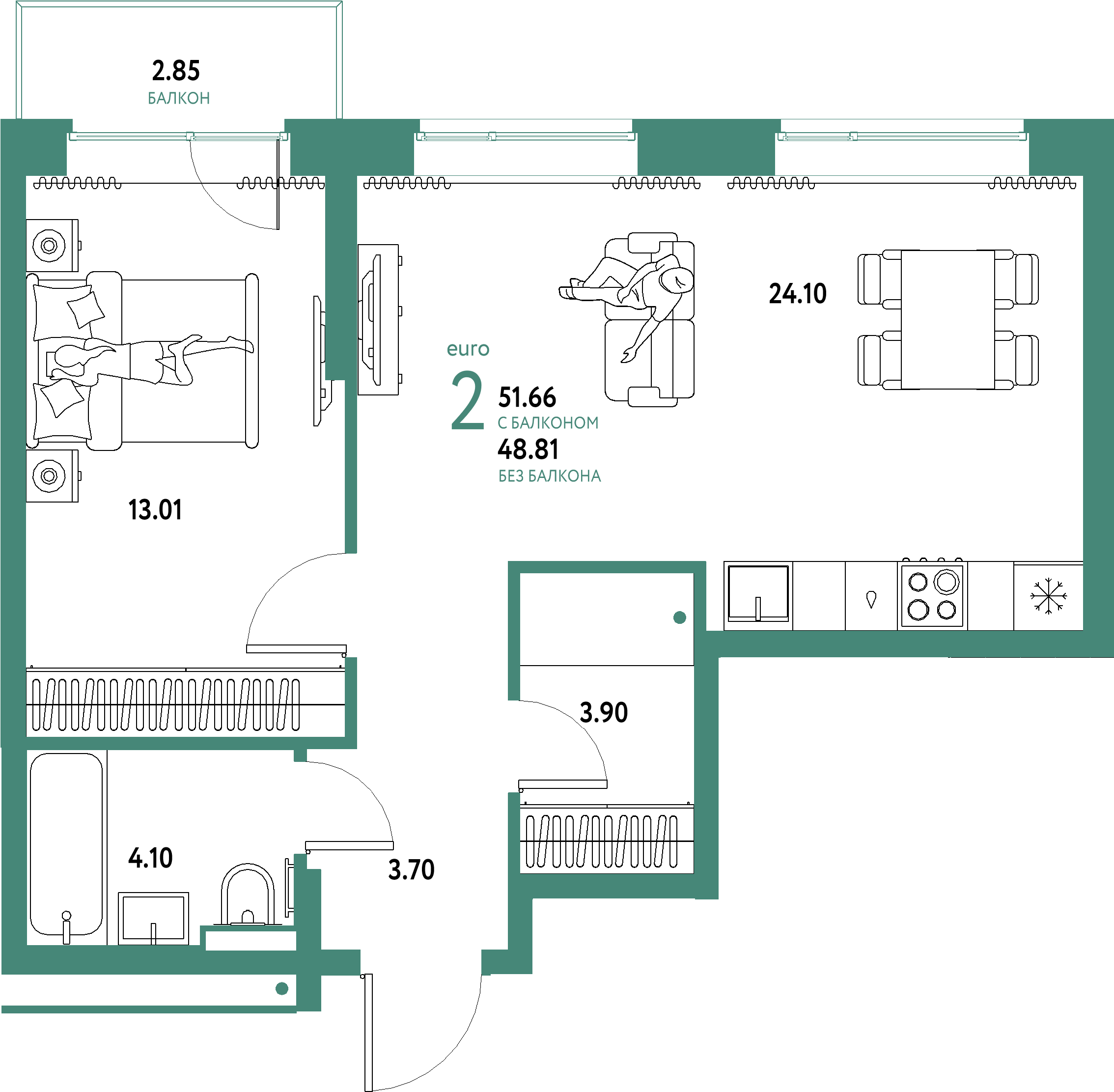 ЖК "Домашний"-2-комнатная 51.66 м²