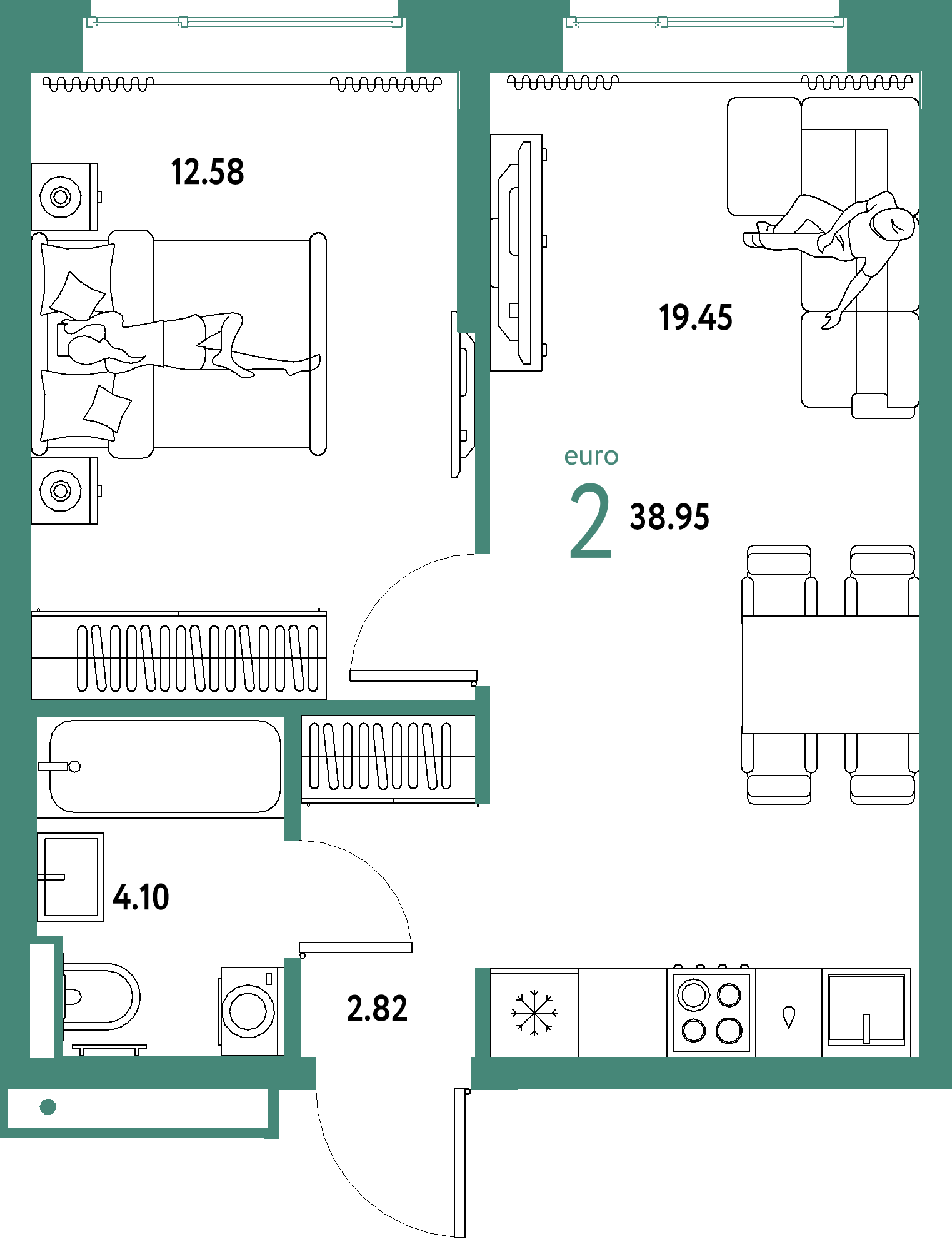 ЖК "Домашний"-2-комнатная 38.95 м²