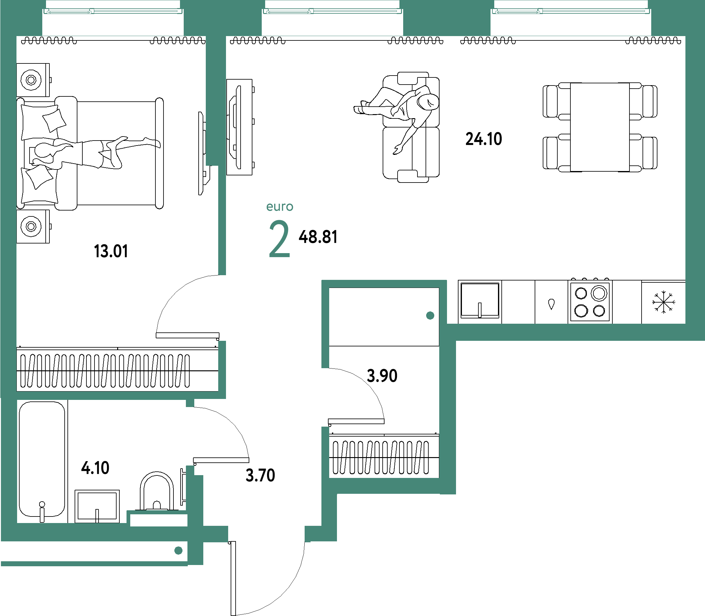 ЖК "Домашний"-2-комнатная 48.81 м²