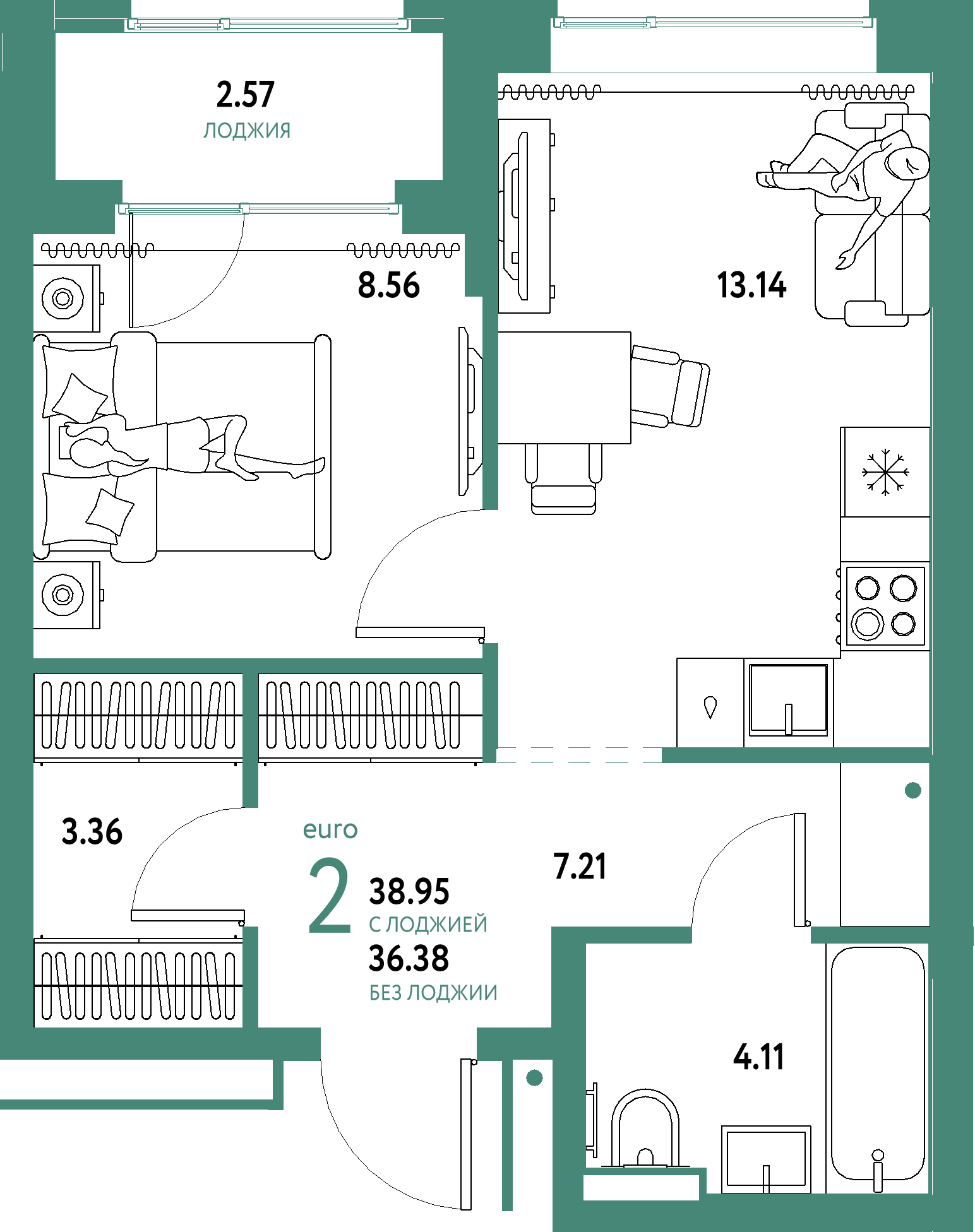 ЖК "Домашний"-2-комнатная 38.95 м²