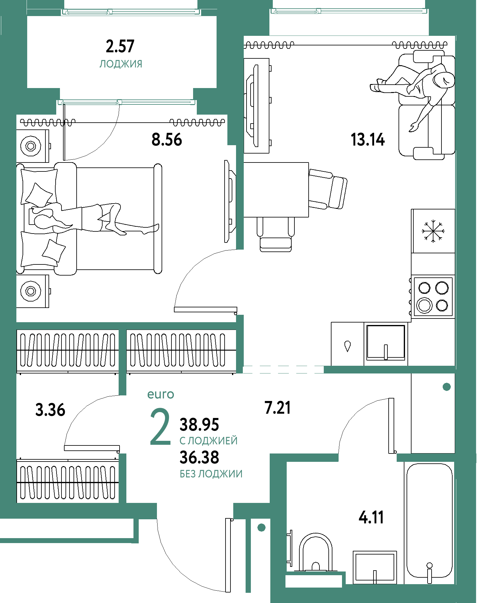 ЖК "Домашний"-2-комнатная 38.95 м²