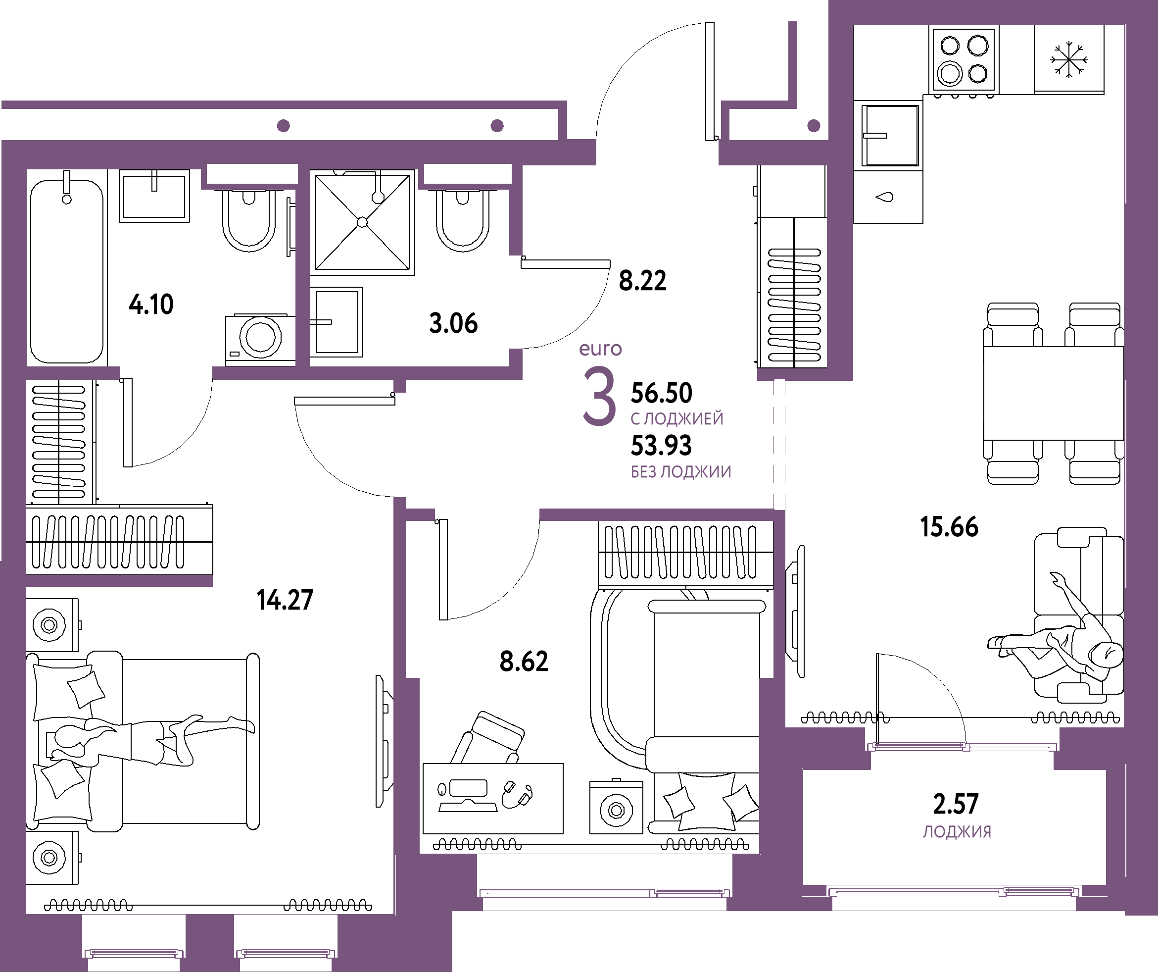 ЖК "Домашний"-3-комнатная 56.5 м²
