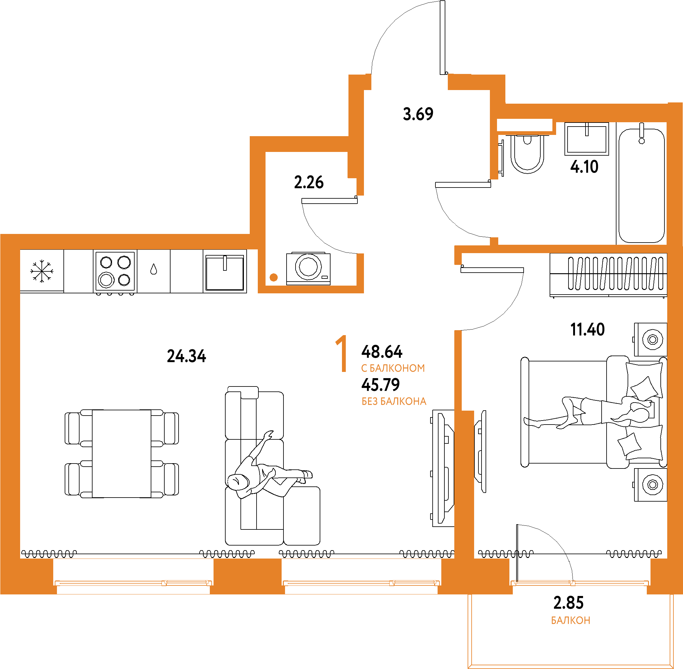 ЖК "Домашний"-1-комнатная 48.64 м²