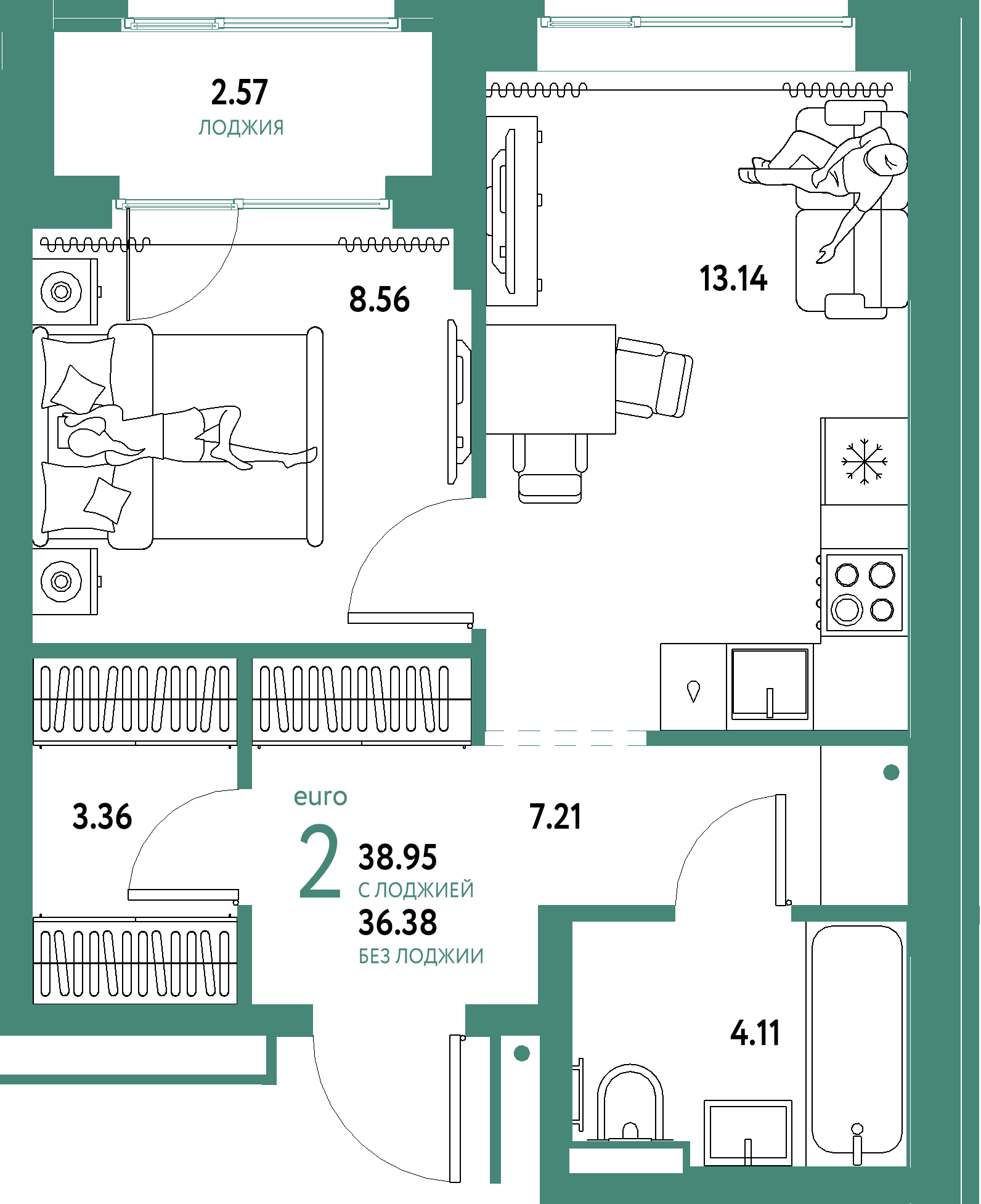 ЖК "Домашний"-2-комнатная 38.95 м²