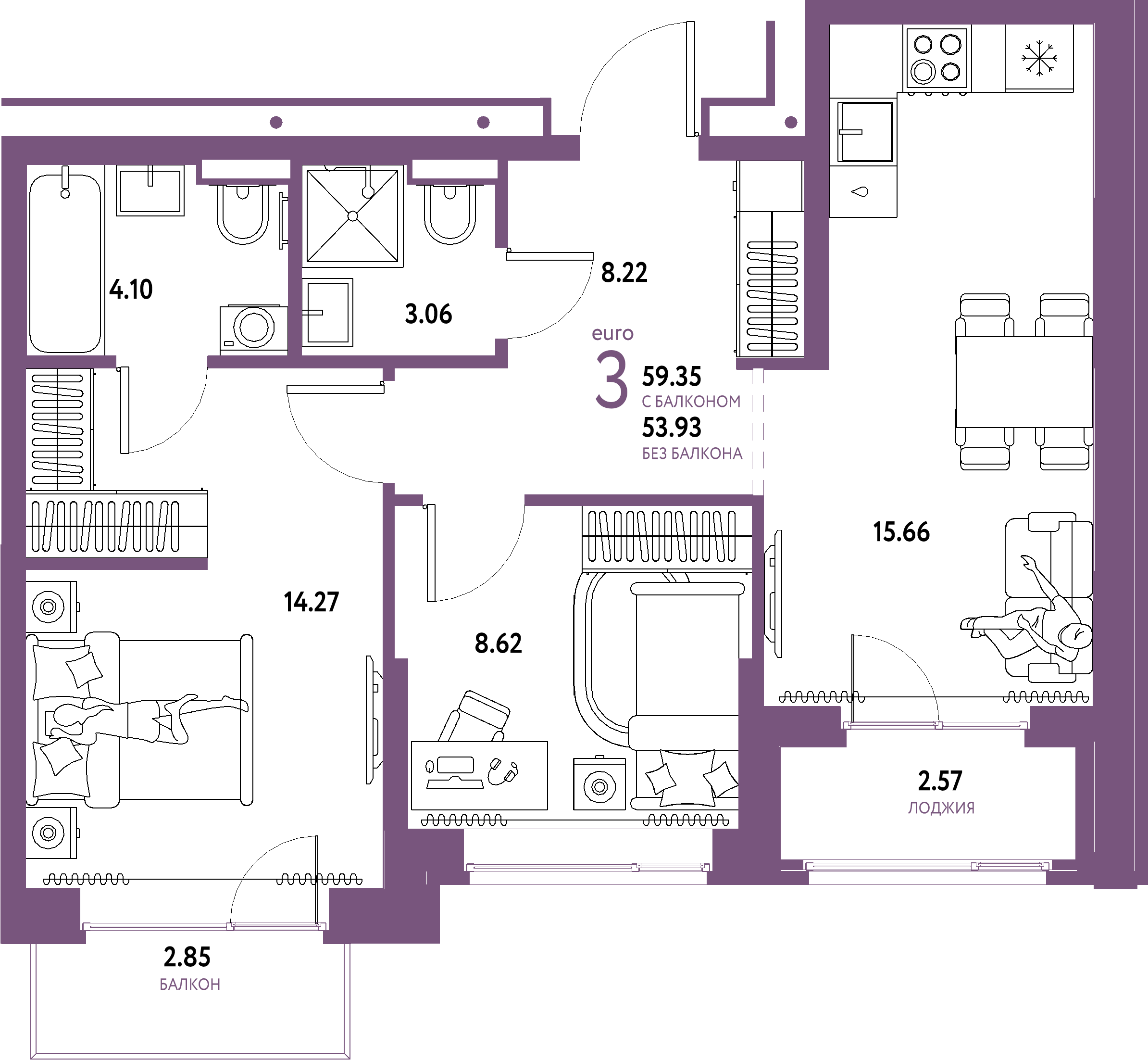 ЖК "Домашний"-3-комнатная 59.35 м²
