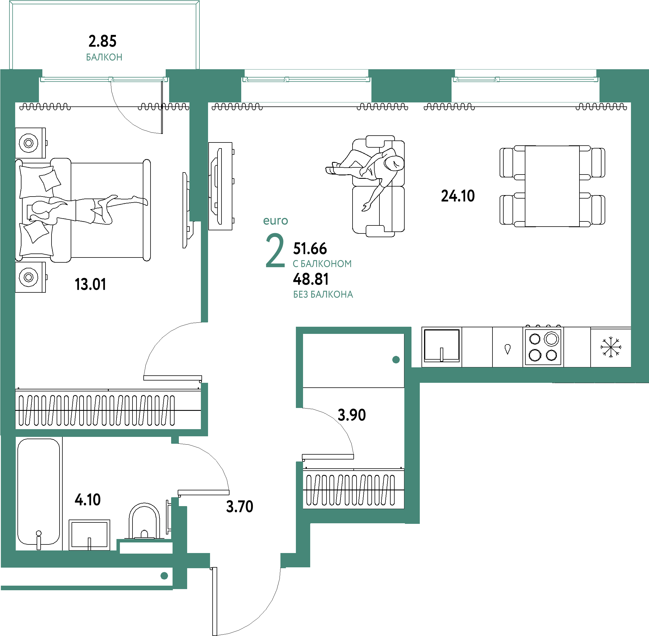 ЖК "Домашний"-2-комнатная 51.66 м²