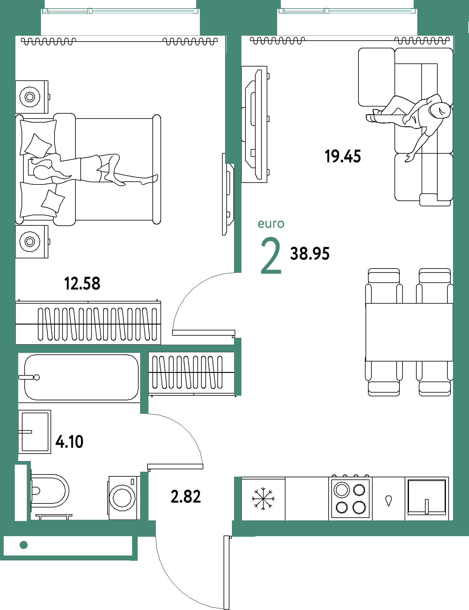 ЖК "Домашний"-2-комнатная 38.95 м²