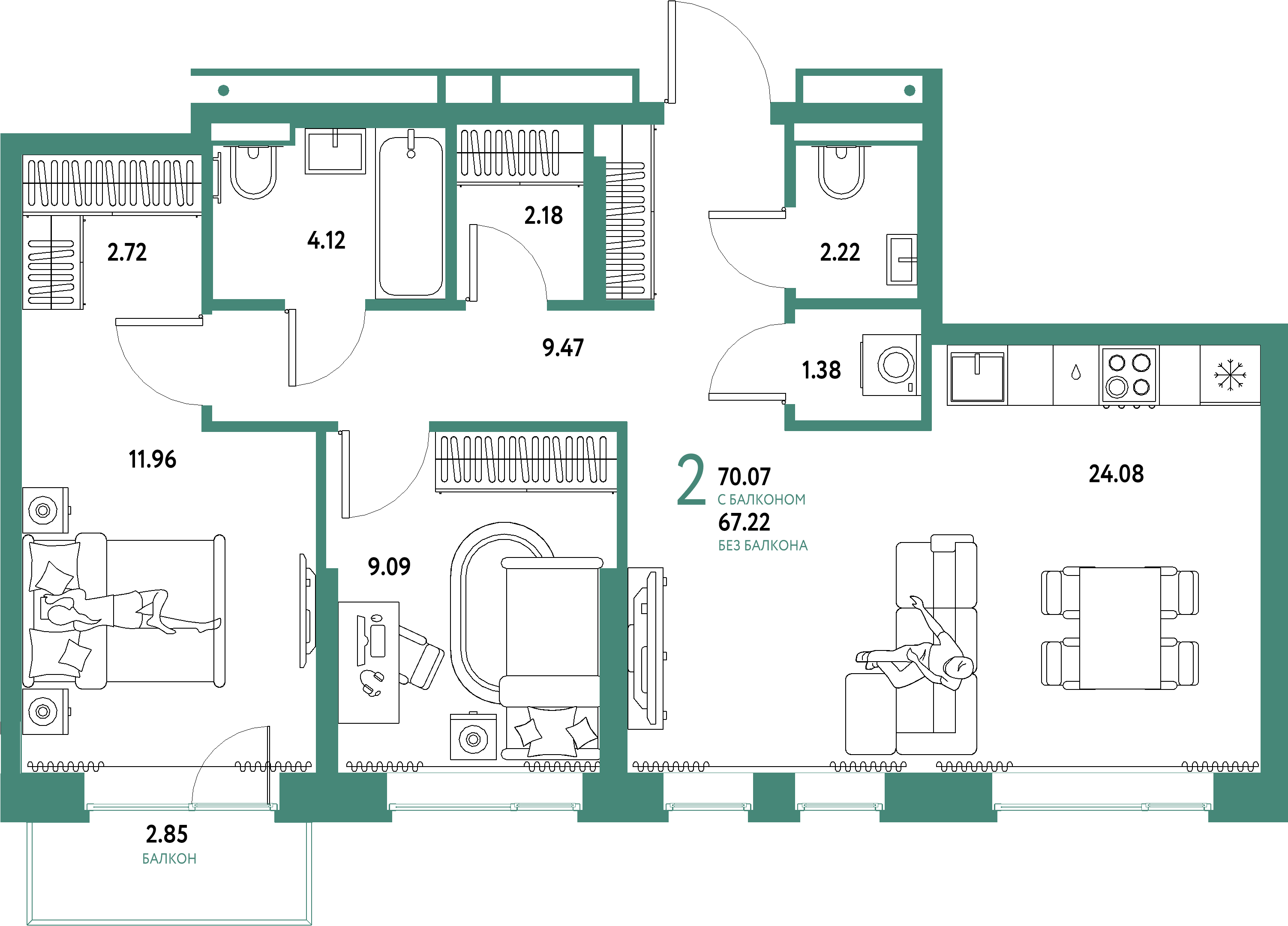 ЖК "Домашний"-3-комнатная 70.07 м²