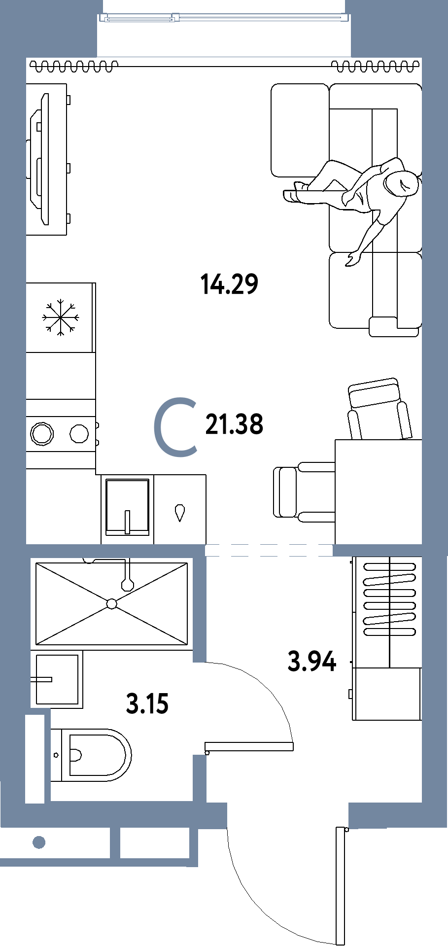 Купить Студию 21.38м², этаж №2 кв №185 в ЖК 