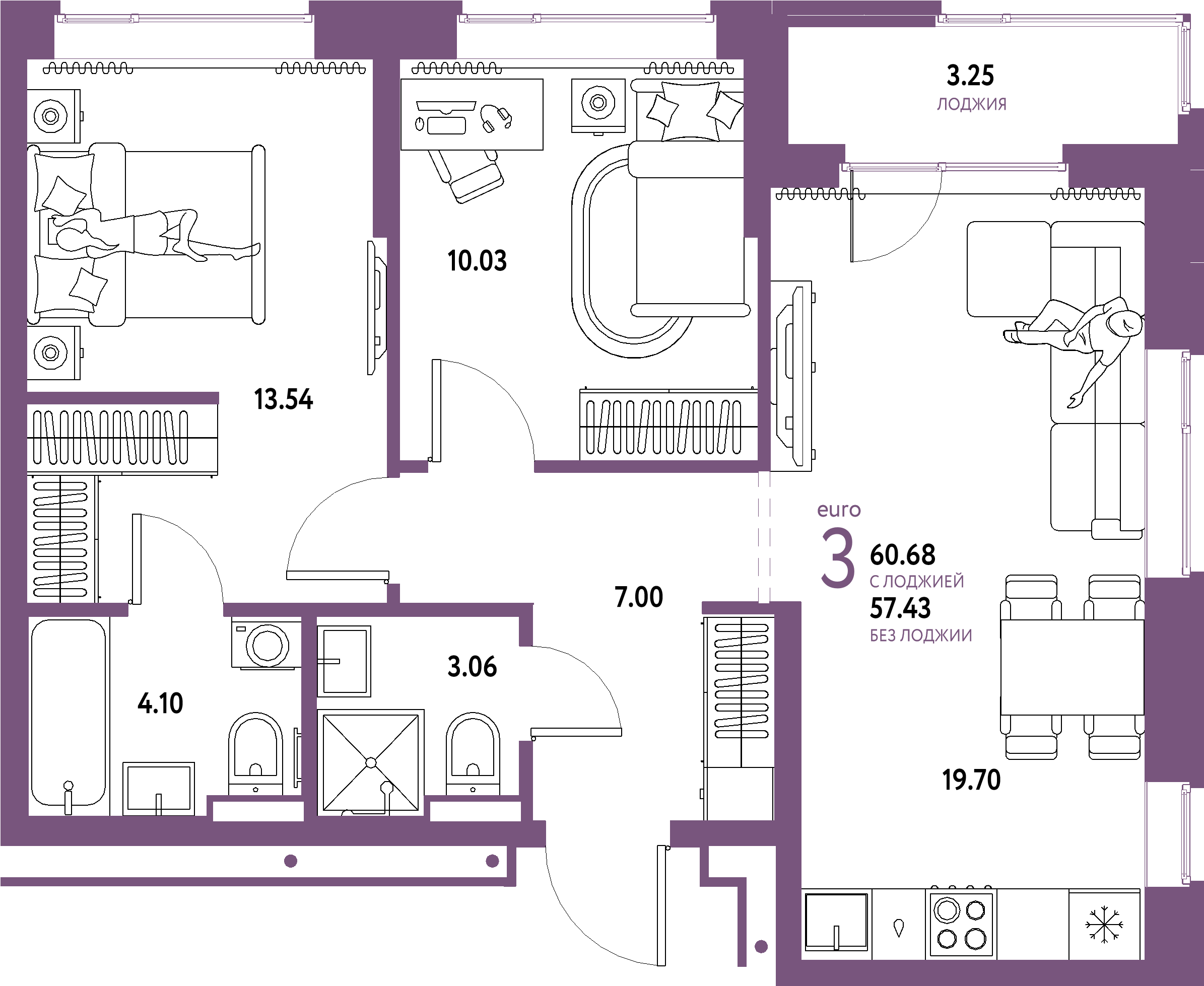 ЖК "Домашний"-3-комнатная 60.68 м²