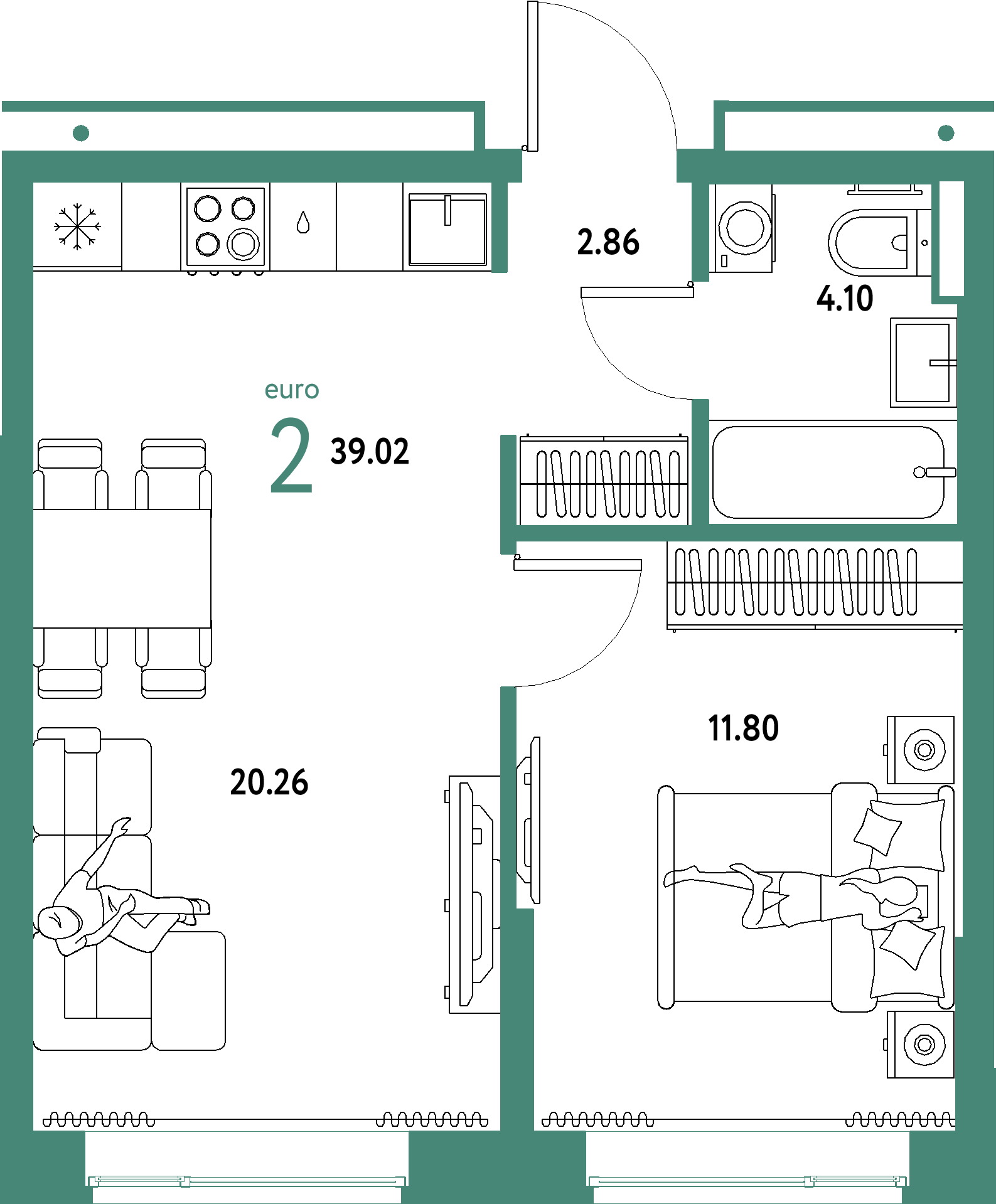ЖК "Домашний"-2-комнатная 39.02 м²